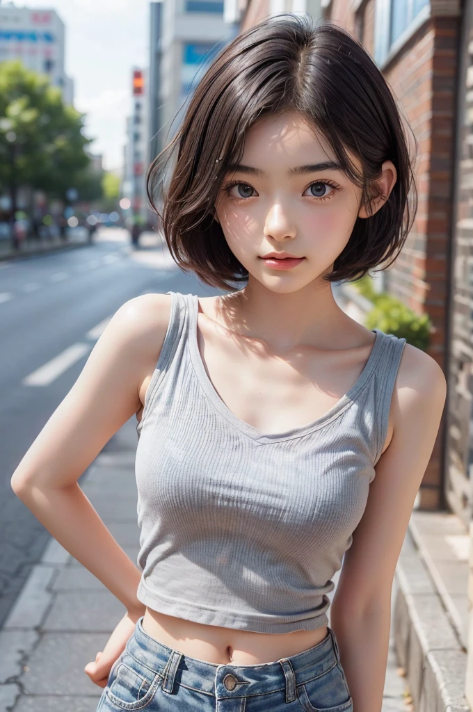 photorealistic,(Masterpiece, BestQuality:1.2), (hyperrealistic:1.1), (8k,Photorealistic:1.45), (realistic:1.4),girl standing street,tokyo,streetsnap,posing,(brown cap,See-through cut-and-sew T-shirt, navy undershirt,khaki cotton shorts,white sneaker),BREAK (16yo,detailed face,(darkblue wavy-short hair),middle thick eyebrows,middle small breasts,small nose, fresh lips),beautiful lighting, volumetric lighting, dynamic angle, looking at viewer, (photographic portrait), sharp,