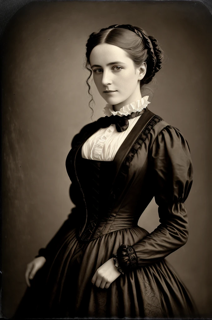 VeronicaCipher studio portrait, Victorian Woman, Wearing a high-collared Victorian gown, race, satin, Jacquard, 1800s, analog, granular, Dust, scratch, Blurred, Daguerreo Type, Gelatin Silver, Collodion_photograph, Sepia (Realistic:1.6) Portraiture