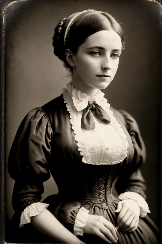 VeronicaCipher studio portrait, Victorian Woman, Wearing a high-collared Victorian gown, race, satin, Jacquard, 1800s, analog, granular, Dust, scratch, Blurred, Daguerreo Type, Gelatin Silver, Collodion_photograph, Sepia (Realistic:1.6) Portraiture