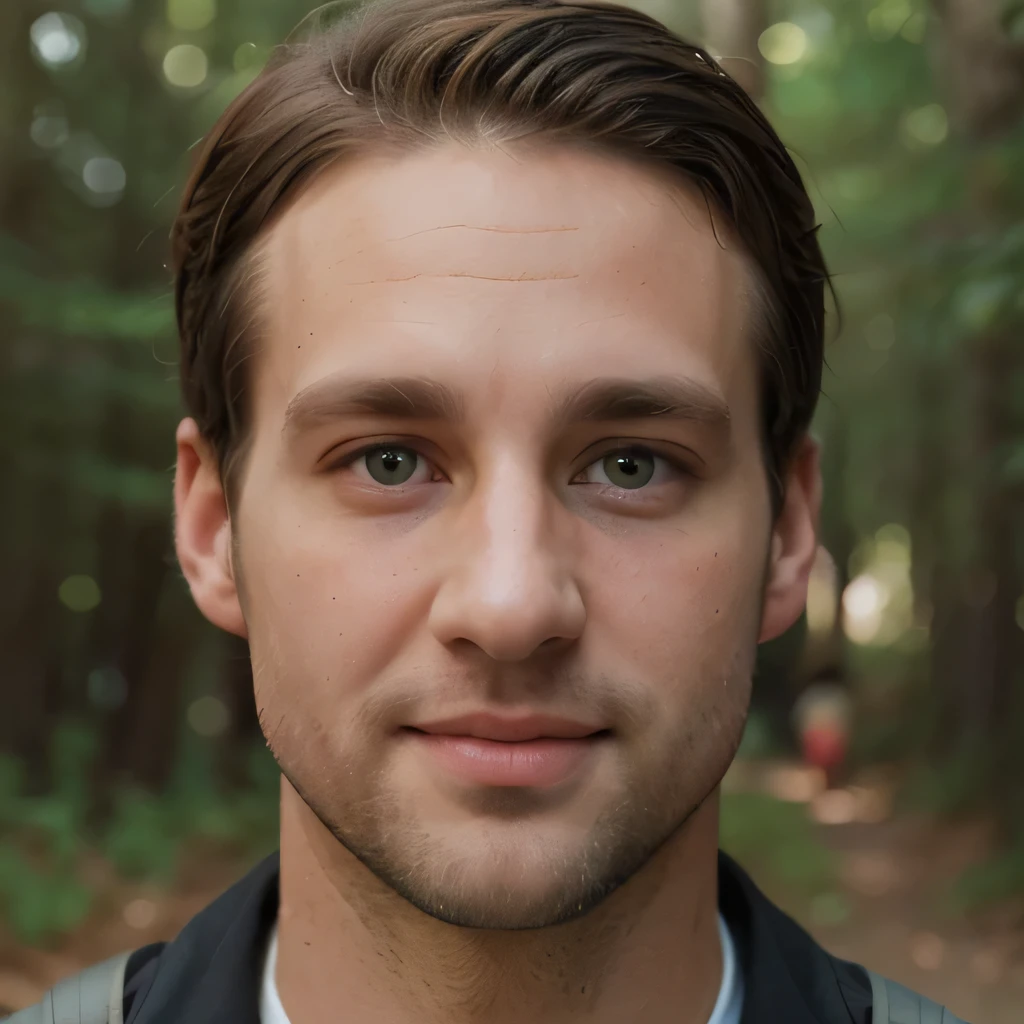 (((wide angle, handsome 35 year old desirable caucasian man with distinguished features hiking in the woods))), (light brown medium length hair, cropped sides, clean shaved face, intriguing green eyes), athletic build, tall height, seductive smile with gentle expression, detailed depiction of facial features, perfectly symmetrical face, bright outdoor lighting masterfully accentuates his excellent features
