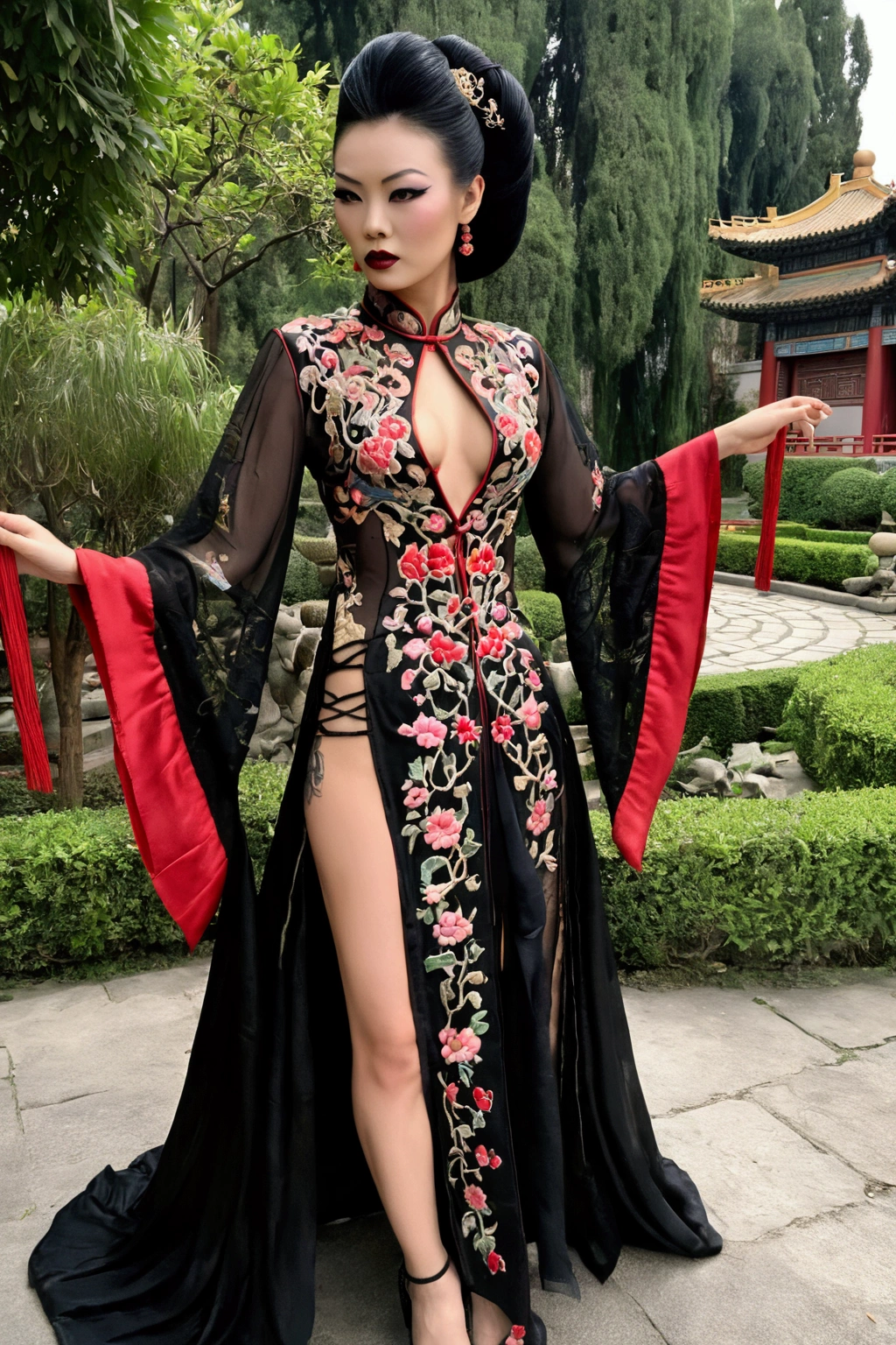 1 woman (Vampira Maila Nurmi, age 25, intricate silk Chinese dress with lots of embroidery sheer with several large slits, no underwear, traditional hairstyle and Chinese makeup) wandering through a palace garden
