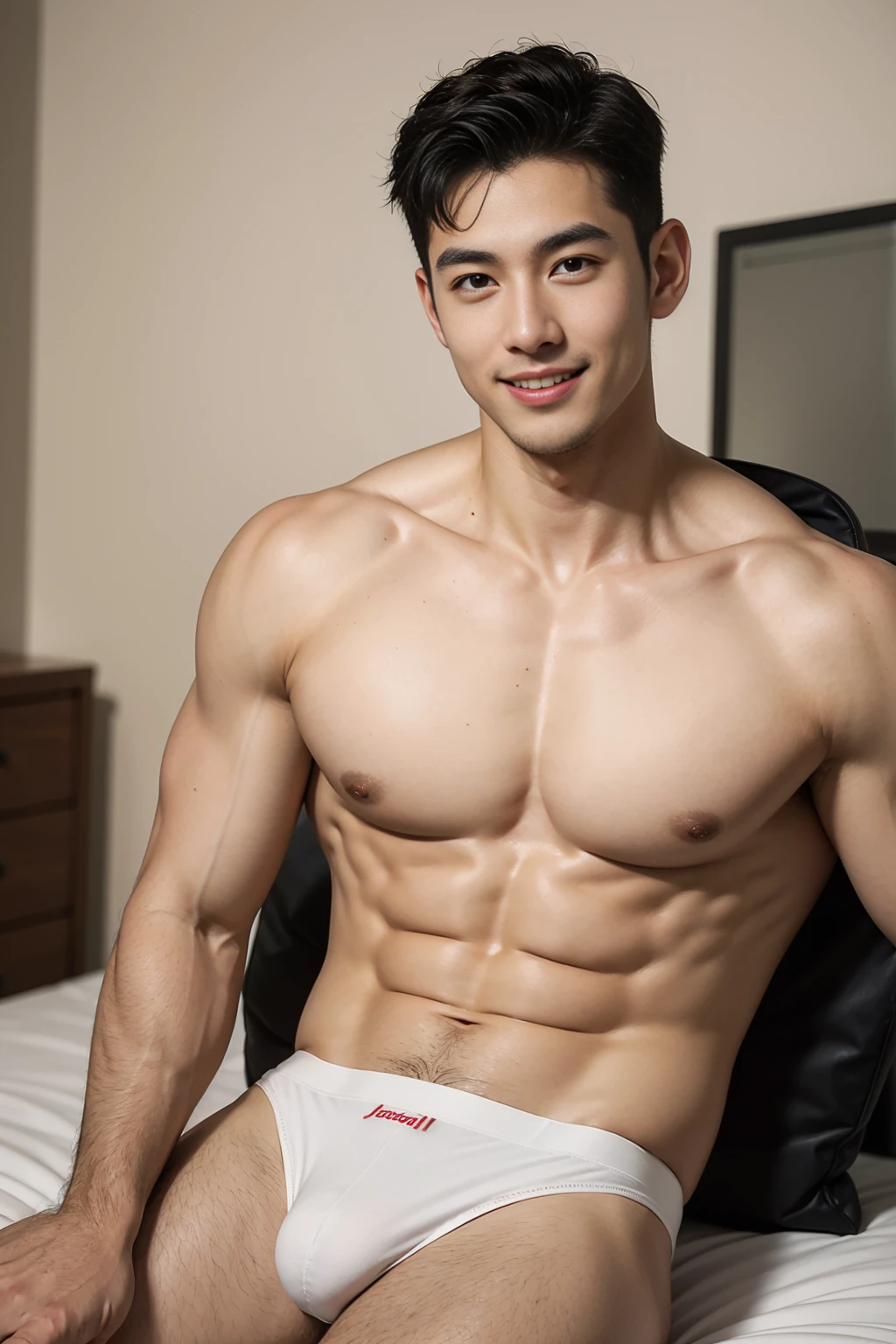 Ultra wide angle,italian 25yo guy , dark short hair with fade, muscular man, Appearance ,wearing only white transparent micro thong underwear,Excellent j8,Big bag highlights,confident expression,Sharp jawline,vibrant skin,smiling,handsome face,Lying in bed,bedroom,professional studio lighting,realistic,In Ferrari, photorealistic:1.37,portrait,vivid colors,cool tone,soft lighting,smiling,The sight that welcomes me