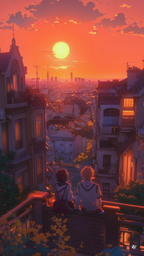 anime couple sitting on a balcony watching the sunset, watching the sun set. anime, lofi artstyle, anime background art, anime style cityscape, beautiful anime scene, lofi art, in style of makoto shinkai, 4 k manga wallpaper, makoto shinkai cyril rolando, hd anime cityscape, ilya kuvshinov landscape, 4k anime wallpaper