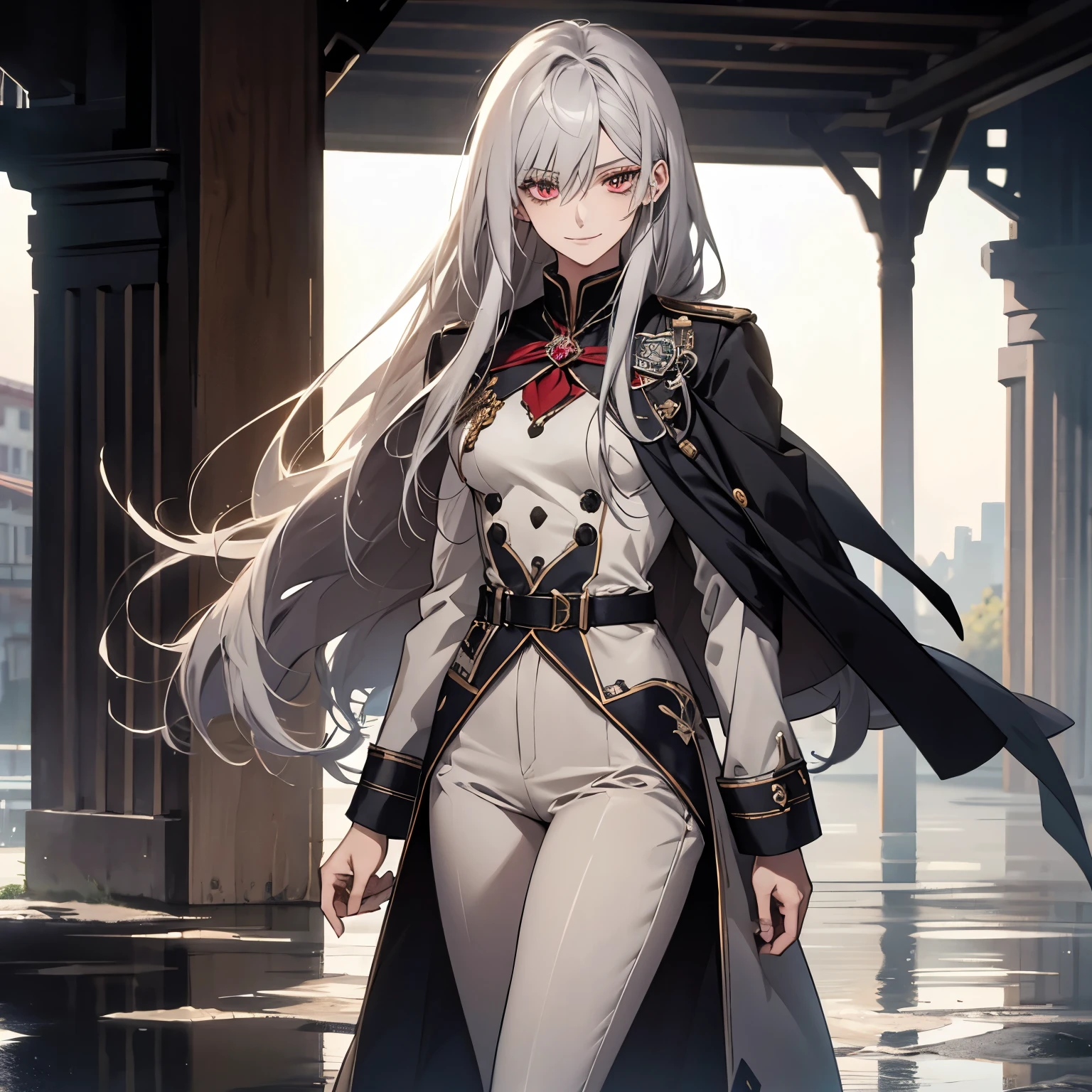 (Confused, High resolution, Very detailed), 1 female, Silver Hair,Long hair that reaches down to the ankles,Ankle-length hair,Long hair,Crimson Eyes,uniform,24th generation,beauty,mature,thin,quiet,Calm,A small smile,A kind smile,In front of people you like,Cape coat,Slender and thin,boots,skinny pants,Sea at dawn,Small breasts,