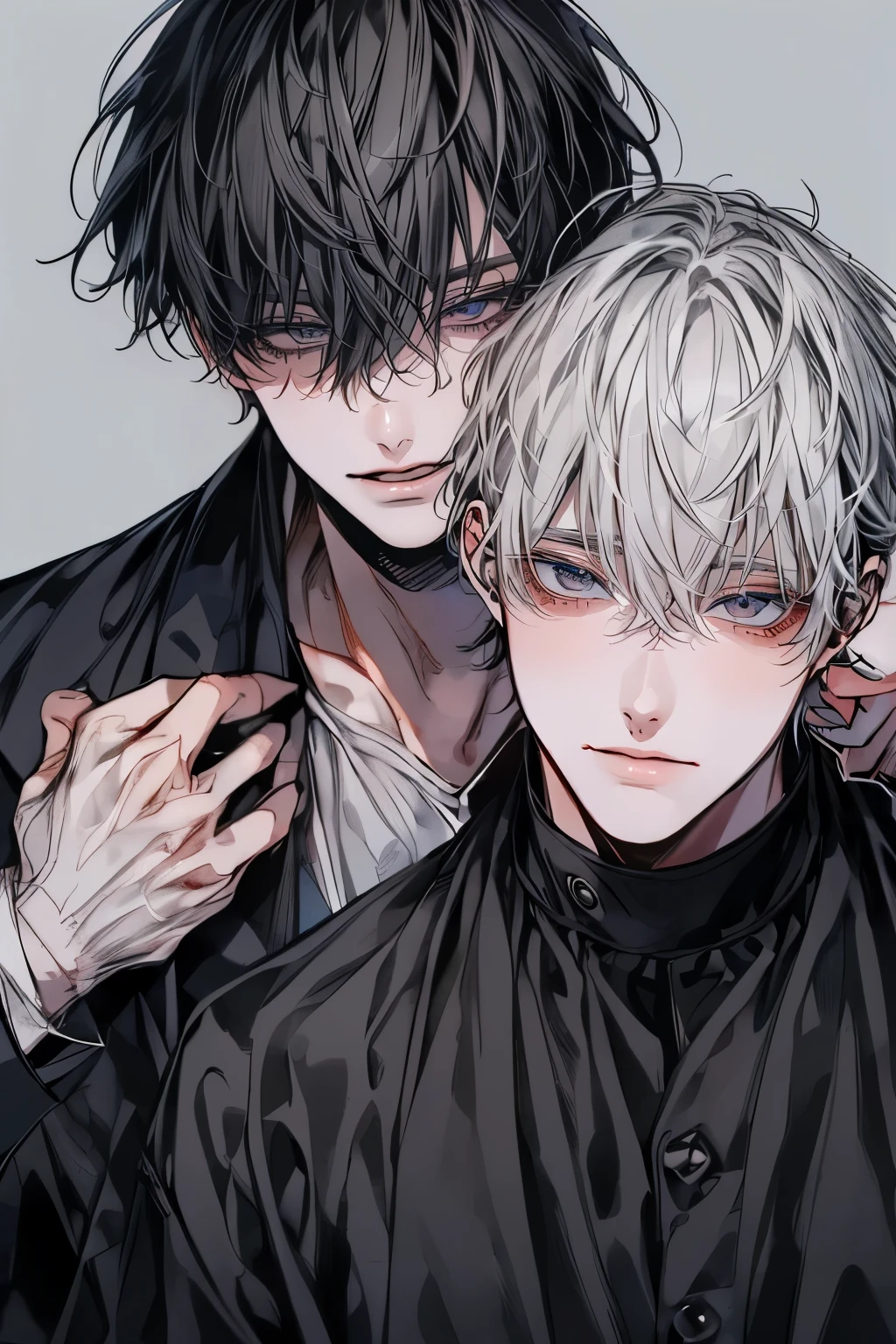 (Mastepiece), (Best Quality), Very detailed, (((Two friendly men:1.5))), Perfect Face, Beautiful Face, Very detailedな顔，(Black-haired man:1.3)，(Grey-haired man:1.3)，T-Shirts