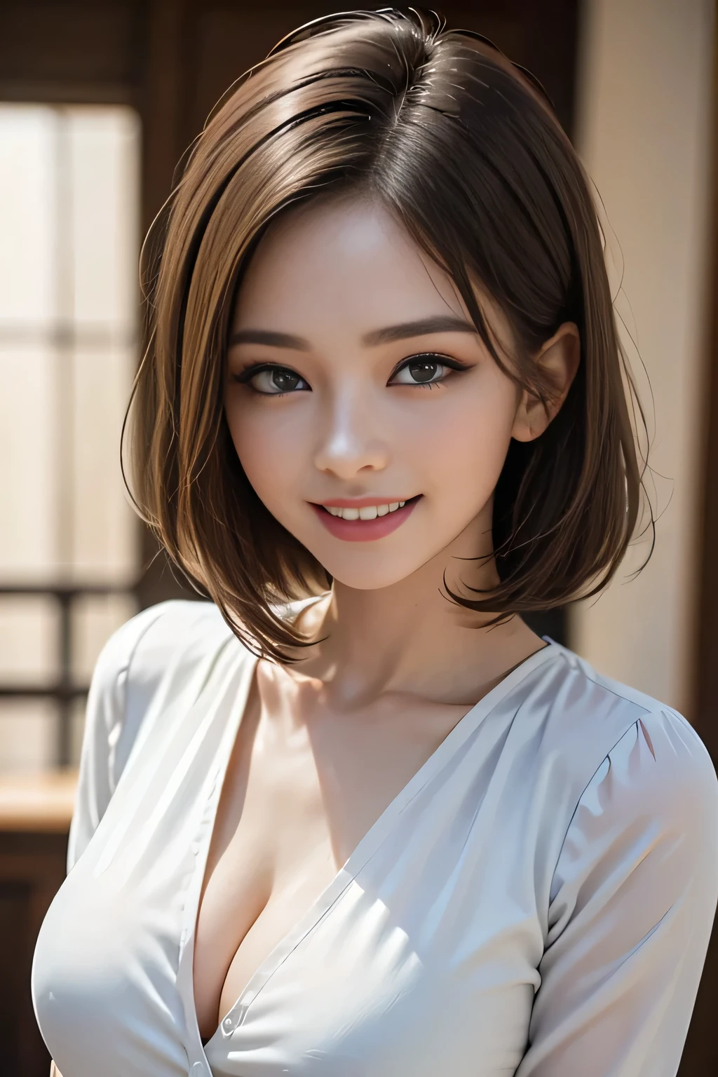 ((ultimate beautiful wife))、mature、Beautiful Face、(Big eyes:1.3), Brown eyes、Detailed lips, Beautiful eyes in every detail, double eyelid, Long eyelashes、(Huge breasts), (curve), Lips parted, Beautiful teeth alignment, blush, Captivating Gaze、Captivating smile, (brunette hair up), (Sexy colorful short silk dress with perfect fit), futomomo, Sexy pose, Detailed background, background: (Celebrity Mansions)、Realistic background and accessories、((Cowboy Shot))、(Advanced Depth of Field)、((masterpiece))、((Highest quality))、reality、reality、High resolution、Very detailed、reality lighting, reality