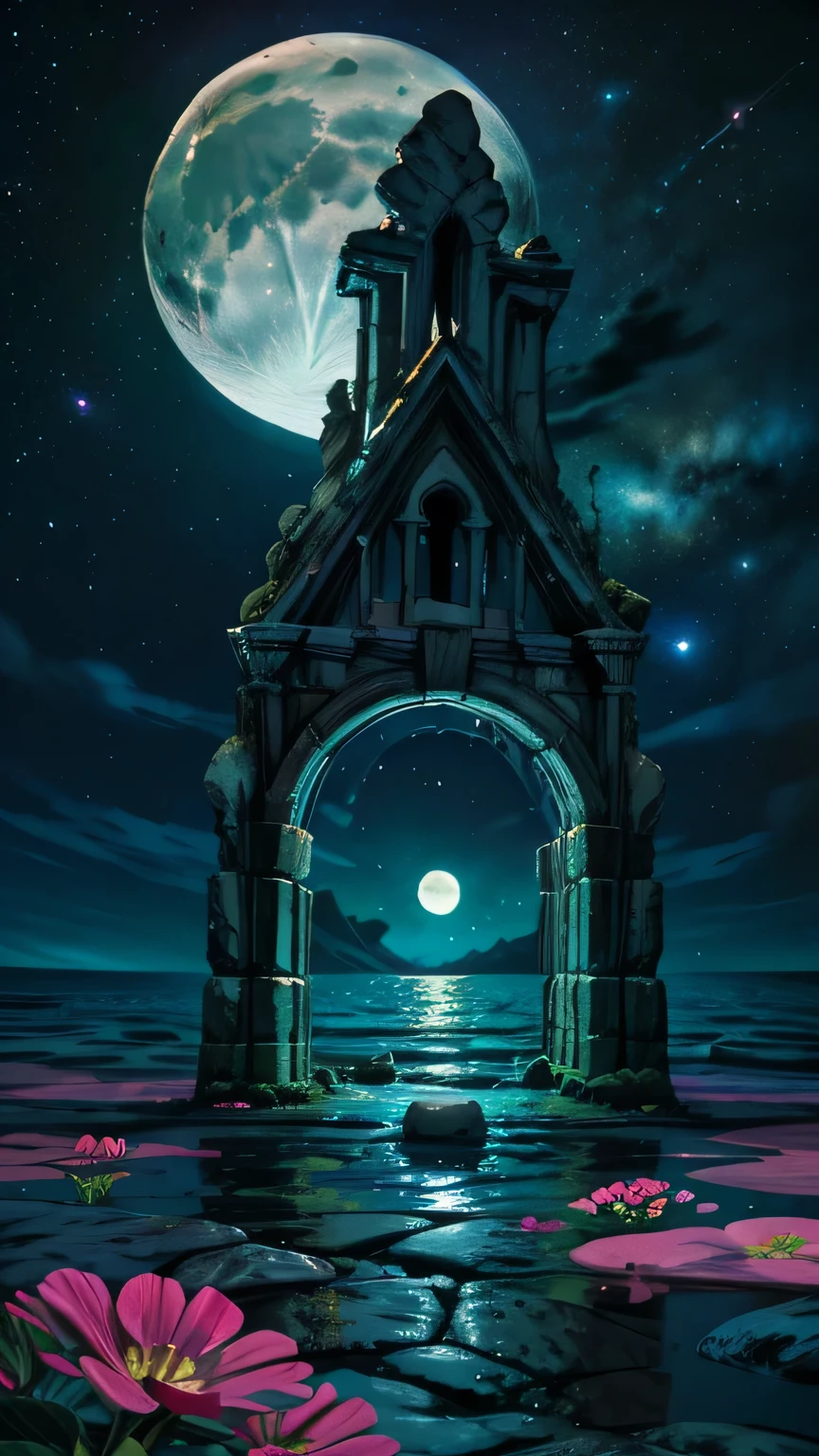 (work of art, best qualityer:1.2), (high resolution, abstrato:1.1), ultra detail, Greek ruins, Ancient Greece, ocean and pink flowers illuminated in the front ultra detailed, galaxy sky with stars and an ultra detailed moon, a waterfall coming from a black hole