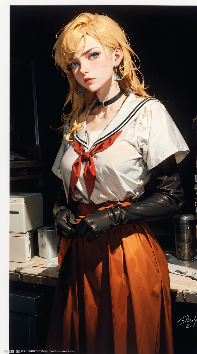 ((masterpiece, highest quality, Highest image quality, High resolution, photorealistic, Raw photo, 8K)), ((Extremely detailed CG unified 8k wallpaper)), Post-Apocalyptic Wasteland, The world of Mad Max, she wears a leather jacket over his bare skin and holds a shotgun, adderskin eye patch, Collapsed buildings are being swallowed by the desert, Ruins hazed with dust and sand,
standing, arms crossed, inside a pawn shop, counter, soft lighting, extreme detail, masterpiece, girl, sweat, medium breast, shy, detailed hand, looking at viewer, lips apart, dynamic shadows (highest quality, 8k, 32k, masterpiece, 超High resolution:1.2), (RAW Photos), (Realistic), (photoRealistic:1.2), (High resolution), Large file size, Very detailed, a7SIII., serafuku, masterpiece、3D、Realistic、Ultramicrograph、Detailed and best quality、Very detailed CG Unity 8k wallpaper、full:1.3、stand、From below、Intricate details、(1 female,housewife)、24-years-old、Dynamic English、((HD Real, Same 1 level)), とてもRealistic, masterpiece, highest quality, High resolution, Same 1, space, Stunning beauty, Upper body photo shoot, 1 girl, chest, gloves, lips, alone, Sailor Venus, Bright Blue Eyes, uniform, Show more1, tiara, Sailor Senshi uniform, (RAW Photos, highest quality), masterpiece, 浮かぶblondeの長い髪, Red ribbon on the back of the head, orangeセーラーカラー, bow, choker, 白いgloves, orange choker, elbow gloves, jewelry, Earrings, orange skirt, only, whole body, blonde, (Perfect hands): 3.8, Octane Rendering, Goddess of Love, (close: 1.2) beautiful, fine grain, close, Small e