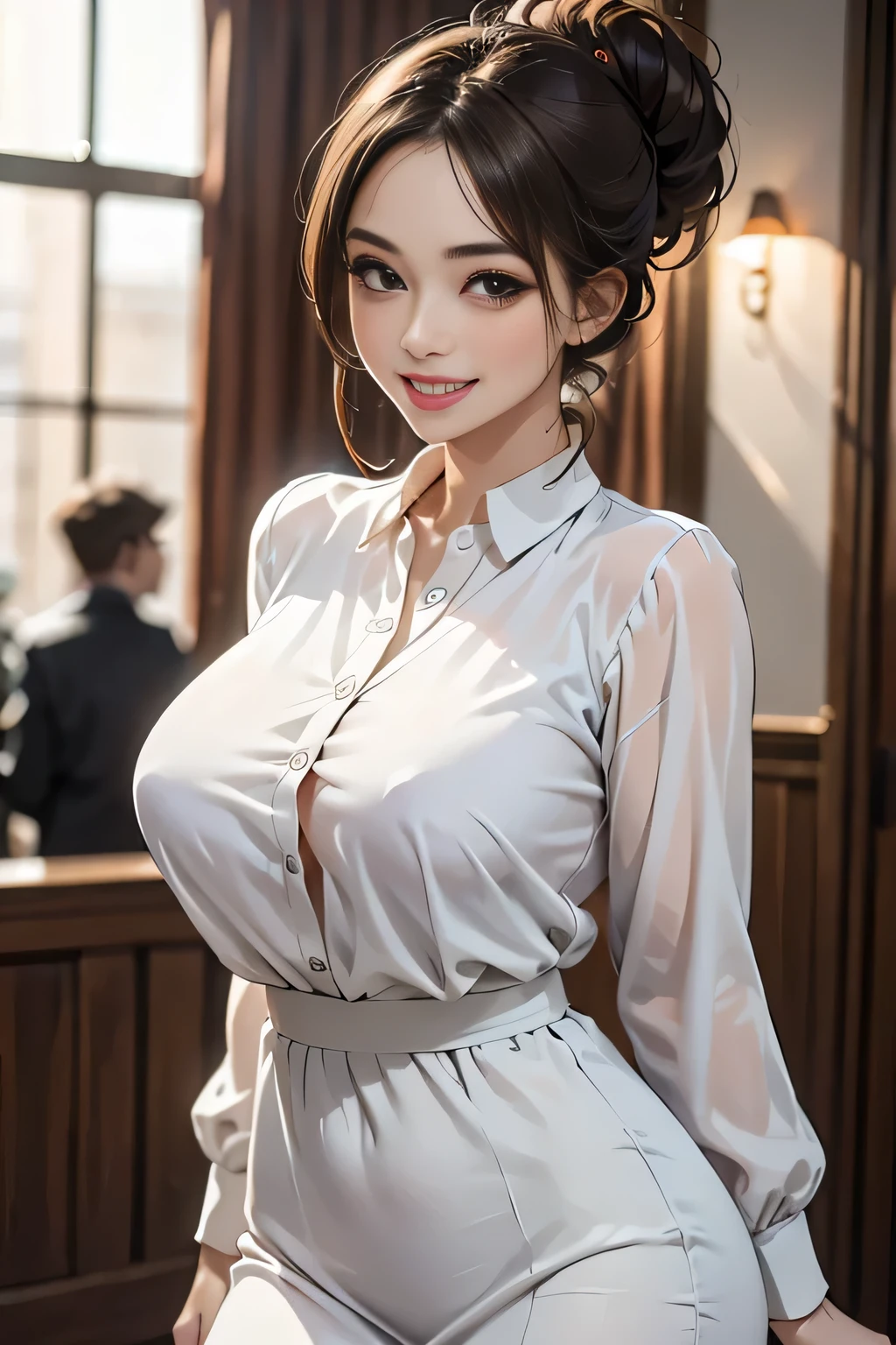 ((ultimate beautiful wife))、mature、Beautiful Face、(Big eyes:1.3), Brown eyes、Detailed lips, Beautiful eyes in every detail, double eyelid, Long eyelashes、(Huge breasts), (curve), Lips parted, Beautiful teeth alignment, blush, Captivating Gaze、Captivating smile, (brunette hair up), (Sexy colorful short silk dress with perfect fit), futomomo, Sexy pose, Detailed background, background: (Celebrity Mansions)、Realistic background and accessories、((Cowboy Shot))、(Advanced Depth of Field)、((masterpiece))、((Highest quality))、reality、reality、High resolution、Very detailed、reality lighting, reality