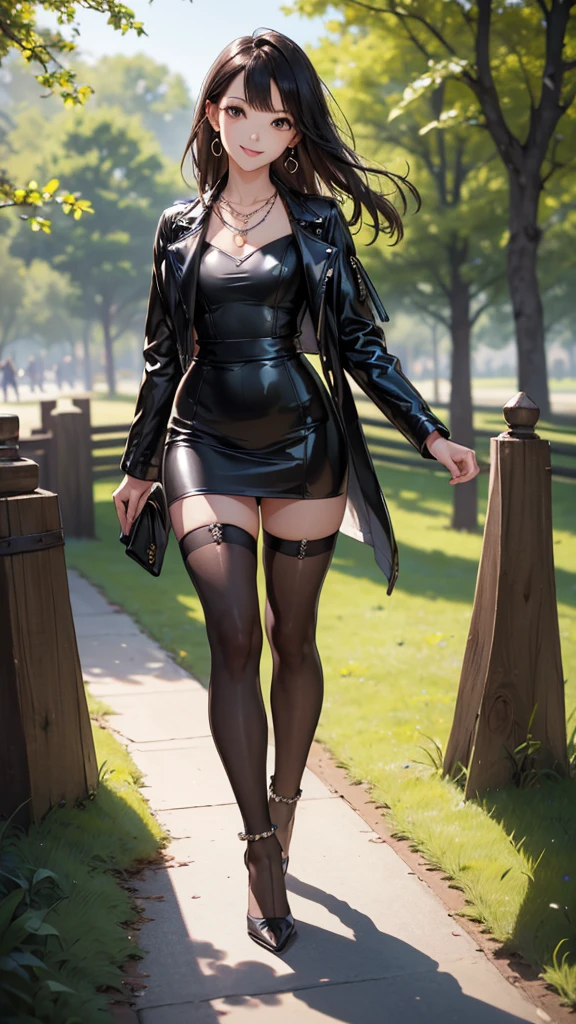 ((Biologically correct limb count))、((Full Body Shot, Full-body photo including face、Head to toe photos))、4K、masterpiece、((Focus on the face))、((Symmetrical facial features))、Eyes of meticulous depiction、One beautiful woman、Excellent style、（(Black latex tights、Latex skirt、Leather jacket、High heels with anklets)）、Detailed Description、Small earrings、necklace、((Walking in the park early in the morning))、Looking up、Close-up photo of the whole body、Panty shot