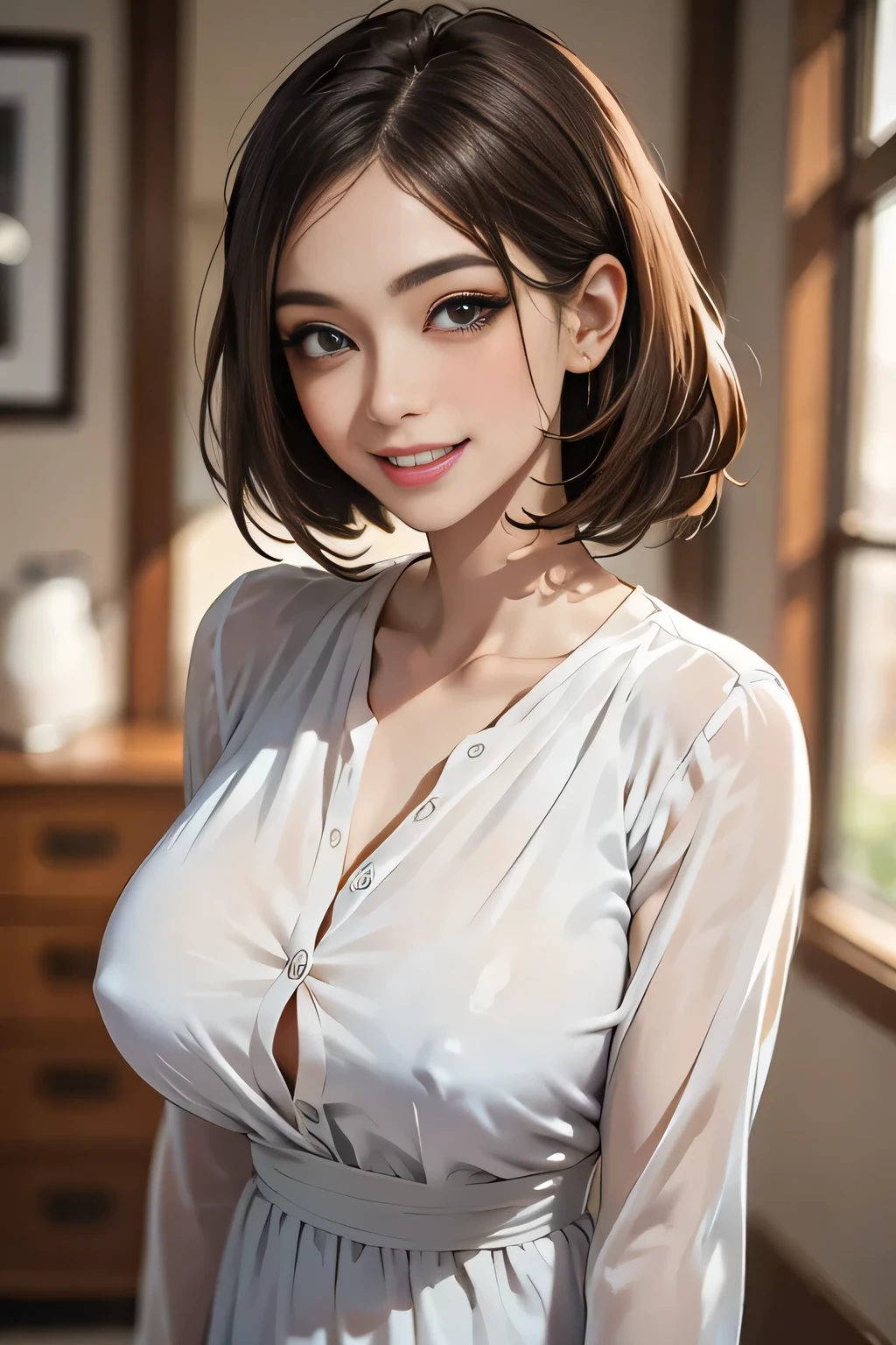 ((ultimate beautiful wife))、mature、Beautiful Face、(Big eyes:1.3), Brown eyes、Detailed lips, Beautiful eyes in every detail, double eyelid, Long eyelashes、(Huge breasts), (curve), Lips parted, Beautiful teeth alignment, blush, Captivating Gaze、Captivating smile, (brunette hair up), (Sexy colorful short silk dress with perfect fit), futomomo, Sexy pose, Detailed background, background: (Celebrity Mansions)、Realistic background and accessories、((Cowboy Shot))、(Advanced Depth of Field)、((masterpiece))、((Highest quality))、reality、reality、High resolution、Very detailed、reality lighting, reality
