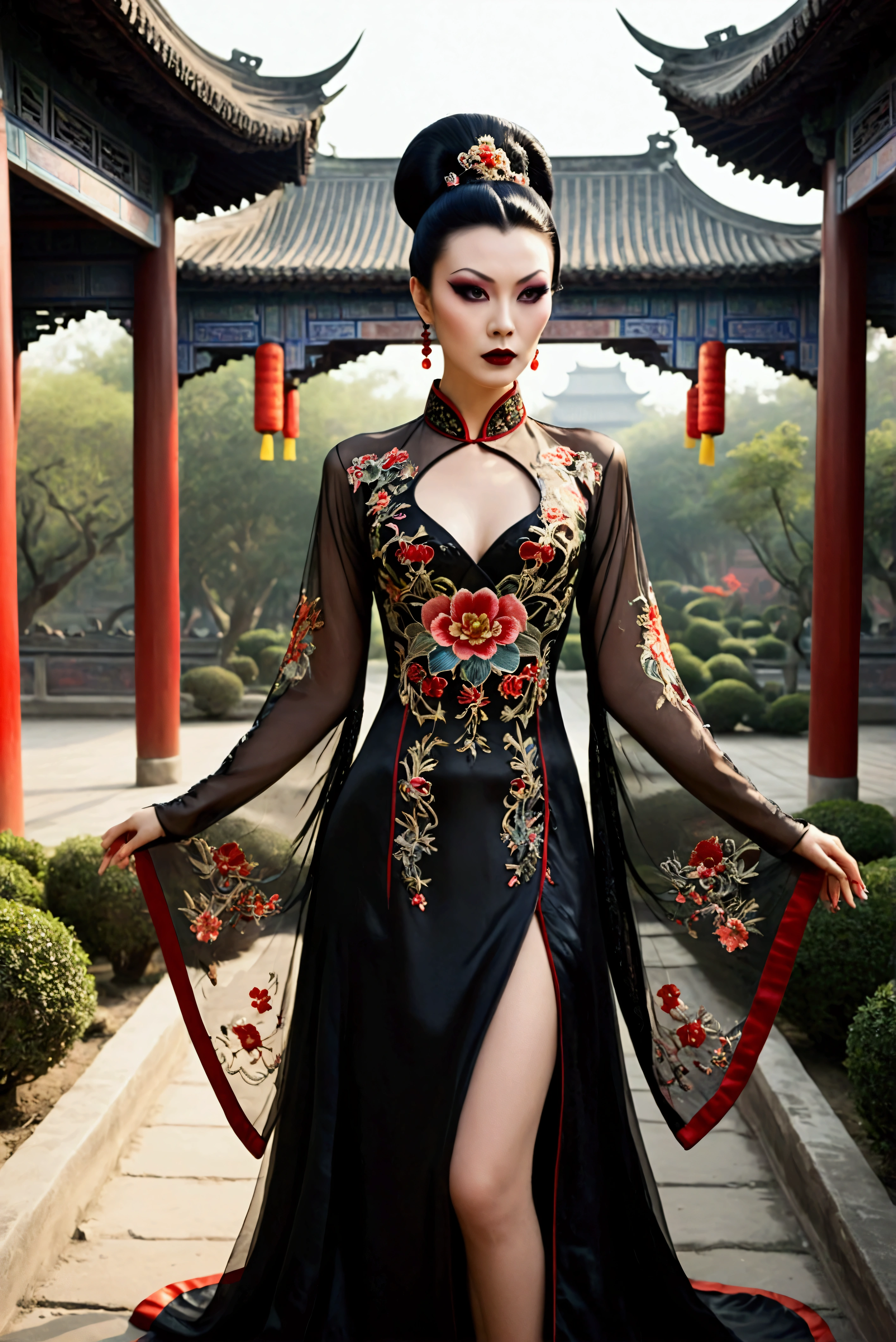 1 woman (Vampira Maila Nurmi, age 25, intricate silk Chinese dress with lots of embroidery sheer with several large slits, no underwear, traditional hairstyle and Chinese makeup) wandering through a palace garden
