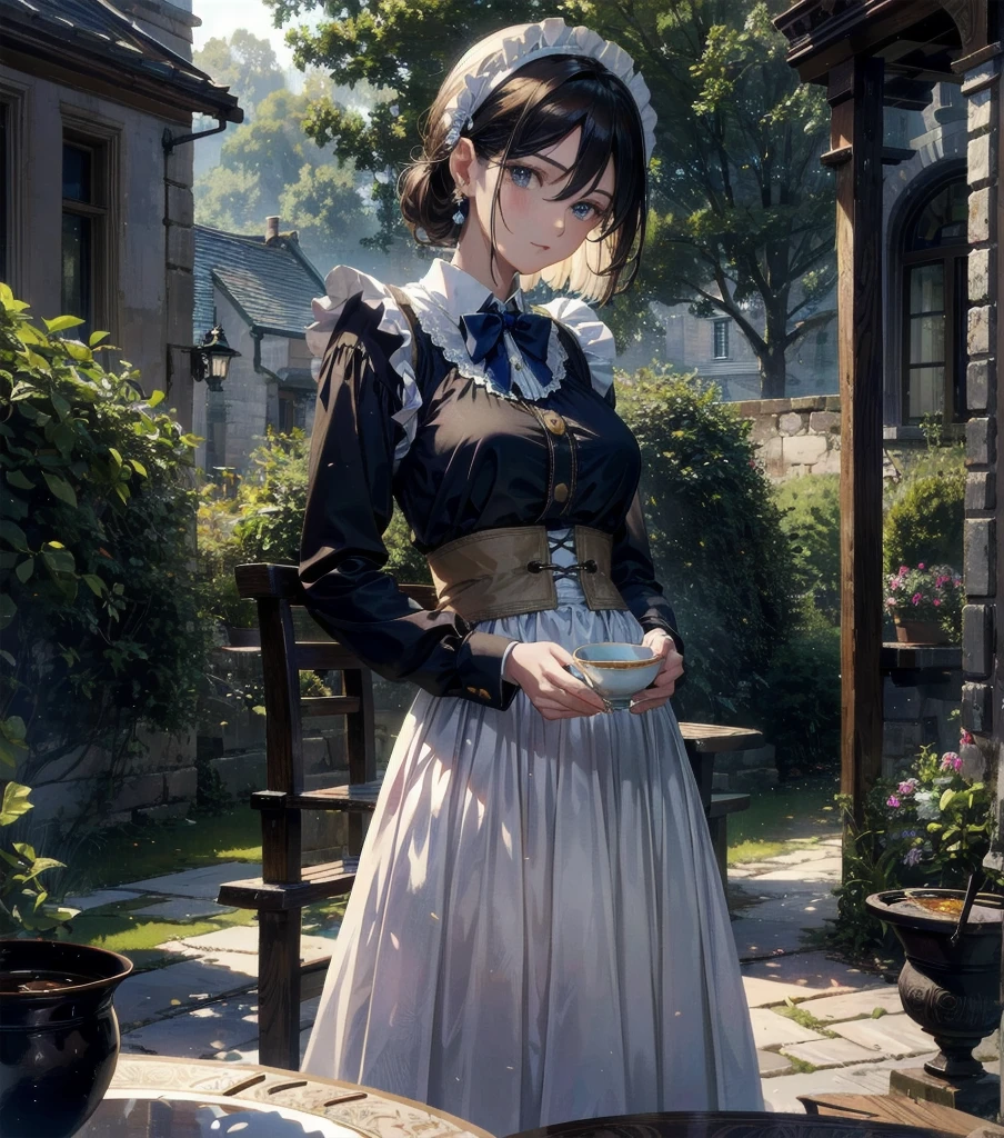 absurdres, RAW photo, extremely delicate and beautiful, masterpiece, Best Quality, ultra high resolution, 32k, hyperrealistic, ultra-detailed, Very detailed CG 8k wallpaper, detailed background, landscape, Beautiful Lighting, Perfect Lightning, Realistic Shadows, perfect anatomy, anatomically correct, perfect figure, Perfect Style, Perfect balance, super Detailed skin, in her 30s, very Slim body, narrow waist, very small head, very small face, delicate facial features, handsome detailed woman, very detailed eyes and face, realistic face proportions, Realistic beautiful face, Realistic beautiful eyes, tearful mole, earring, whole body shot, very huge round tits, medium hair, asymmetrical hair, outdoor, Beautuful Matured woman preparing tea_party in the garden, standing by the round table, dispensing a cup of tea, leaning forward, meisen's tea set, tea pot, tea cups, some cakes on dish, delicate and classy British style white table with gold accents and royal_blue, wearing light_brown maid uniform, maid costume, long flare skirts, apron, bow ties on the chest, long tall sally,