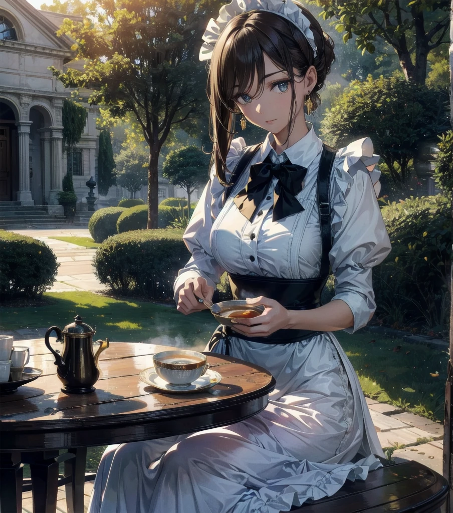 absurdres, RAW photo, extremely delicate and beautiful, masterpiece, Best Quality, ultra high resolution, 32k, hyperrealistic, ultra-detailed, Very detailed CG 8k wallpaper, detailed background, landscape, Beautiful Lighting, Perfect Lightning, Realistic Shadows, perfect ???????, anatomically correct, perfect figure, Perfect Style, Perfect balance, super Detailed skin, in her 30s, very Slim body, narrow waist, very small head, very small face, delicate facial features, handsome detailed woman, very detailed eyes and face, realistic face proportions, Realistic beautiful face, Realistic beautiful eyes, tearful mole, earring, whole body shot, very huge round tits, medium hair, asymmetrical hair, outdoor, Beautuful Matured woman preparing tea_party in the garden, standing by the round table, dispensing a cup of tea, leaning forward, meisen's tea set, tea pot, tea cups, some cakes on dish, delicate and classy British style white table with gold accents and royal_blue, wearing light_brown maid uniform, maid costume, long flare skirts, apron, bow ties on the chest, long tall sally, 