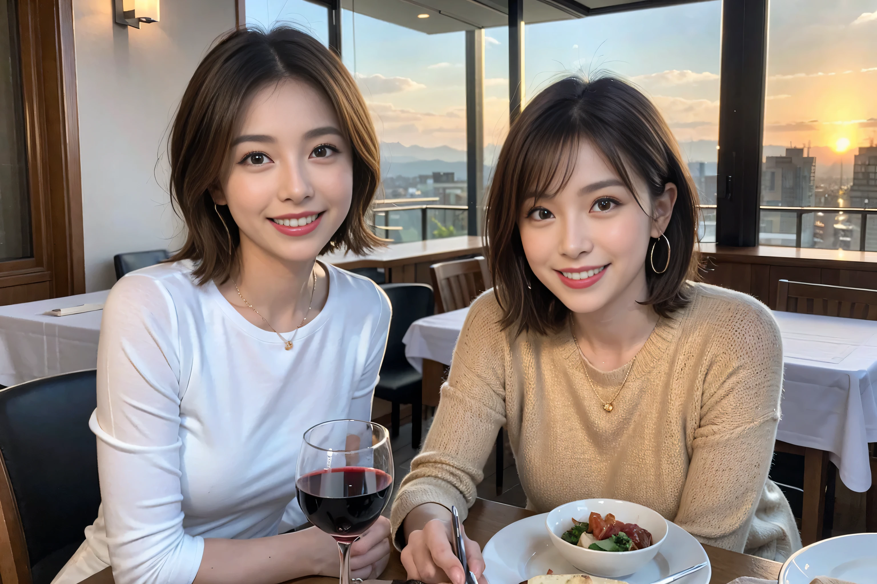 (Realistic:1.1),(masterpiece,Highest quality),8k,(49 years old), 47 years old, slimカップル、actress/actor、Tight waist,Upper Body,full-course dinner、wine 、Amazing view of the sunset sky and clouds、Perfect Anatomy, Brown Hair, short hair,Random Hairstyles,((Highly detailed face and eyes:1.2)),Perfect golden ratio face,Long sleeve shirt、dress,(smile:1.2)、Shortcuts、cute、(Realistic, Intricate details:1.2), A bright smile、short hair,Bright Face、赤wine 、Appetizers、Italian food、wine bottle、Champagne、スパークリングwine、(slimな顔), (The body is slim), (Brown Hair), (Shortcuts), Upper Body, 白wine, slim, wineグラス,