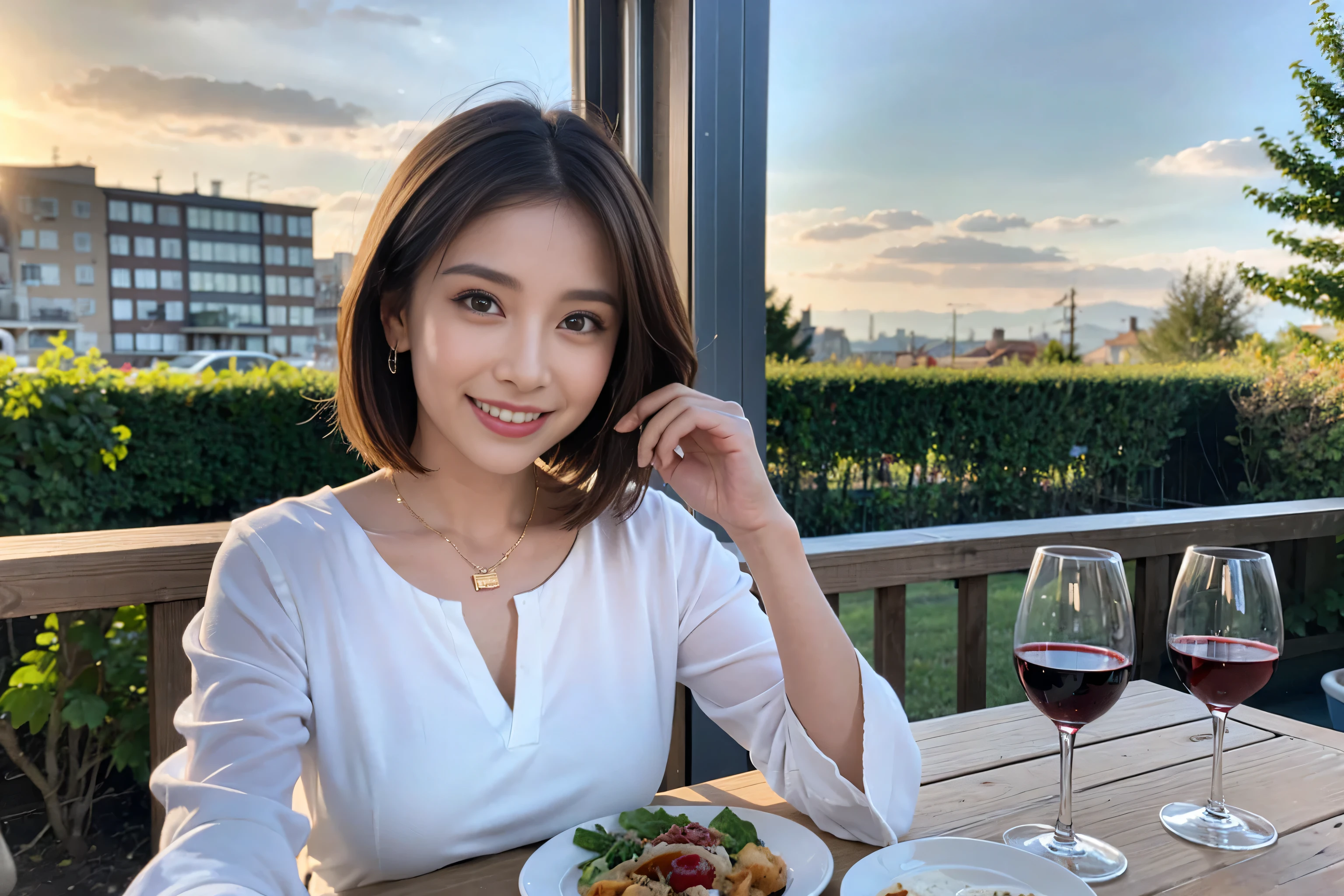 （Realistic:1.1）,(masterpiece,Highest quality)，8k,(49 years old), 47 years old, slimカップル、actress/actor、Tight waist,Upper Body,full-course dinner、wine 、Amazing view of the sunset sky and clouds、Perfect Anatomy, Brown Hair, short hair,Random Hairstyles,((Highly detailed face and eyes:1.2))，Perfect golden ratio face，Long sleeve shirt、dress,(smile:1.2)、Shortcuts、cute、(Realistic, Intricate details:1.2), A bright smile、short hair,Bright Face、赤wine 、Appetizers、Italian food、wine bottle、Champagne、スパークリングwine、(slimな顔), (The body is slim), (Brown Hair), (Shortcuts),  Upper Body, 白wine, slim, wineグラス, 