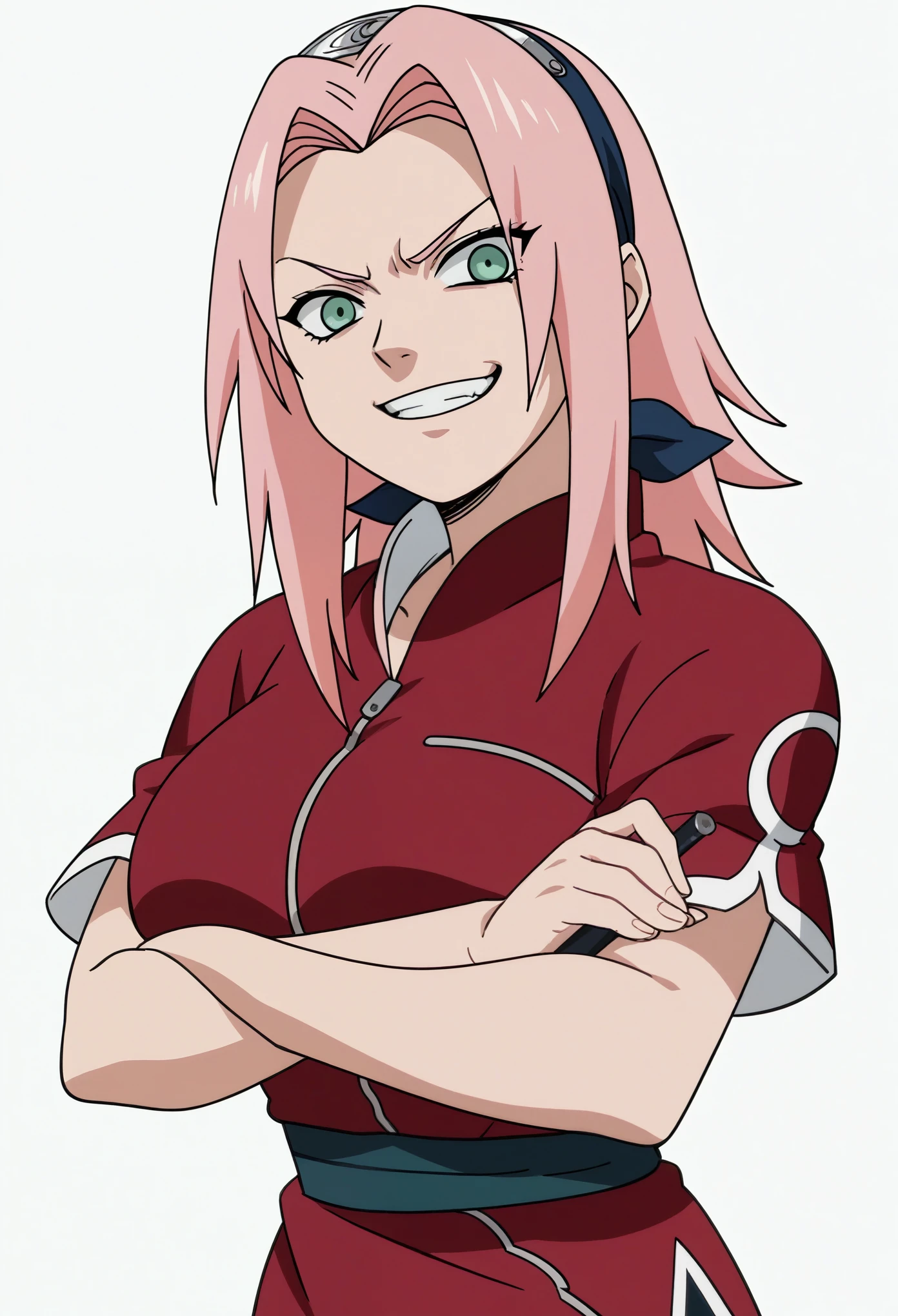 score_9, score_8_up, score_7_up, score_6_up, score_5_up, score_4_up, BREAK, source_anime, 1girl, haruno sakura, pink hair, long hair, green eyes, red shirt, red qipao, short sleeves, arms crossed, smile, upper body, looking at viewer, solo, simple background, white background, anime screencap, anime coloring, holding a blade in hand, evil expression, evil smirk, showing teeth, very evil facial expression, big breasts, side angle POV, show full body, huge breasts, red heels, fishnets, full body POV, evil yet attractive face, eyes looking to the left