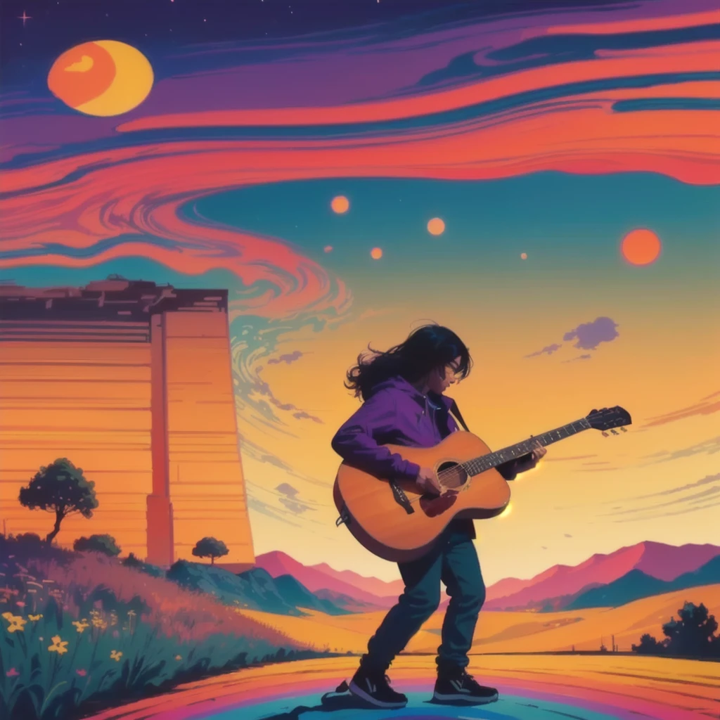 a man with a guitar standing on a rainbow colored hill, sunset psychedelic, high detail, sunset illustration, inspired by Tim Doyle, cosmic lsd poster art, psychedelic aesthetic, inspired by Cyril Rolando, in style of laurie greasley, music poster, high detail, psychedelic sky, psychedelic illustration, magazine cover art, the guitar player, concert poster, published art