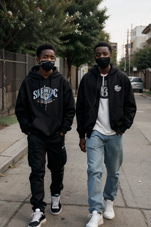 Realistic pictures of 2 cool black young teenagers in a neighbourhood with them not showing their faces at all