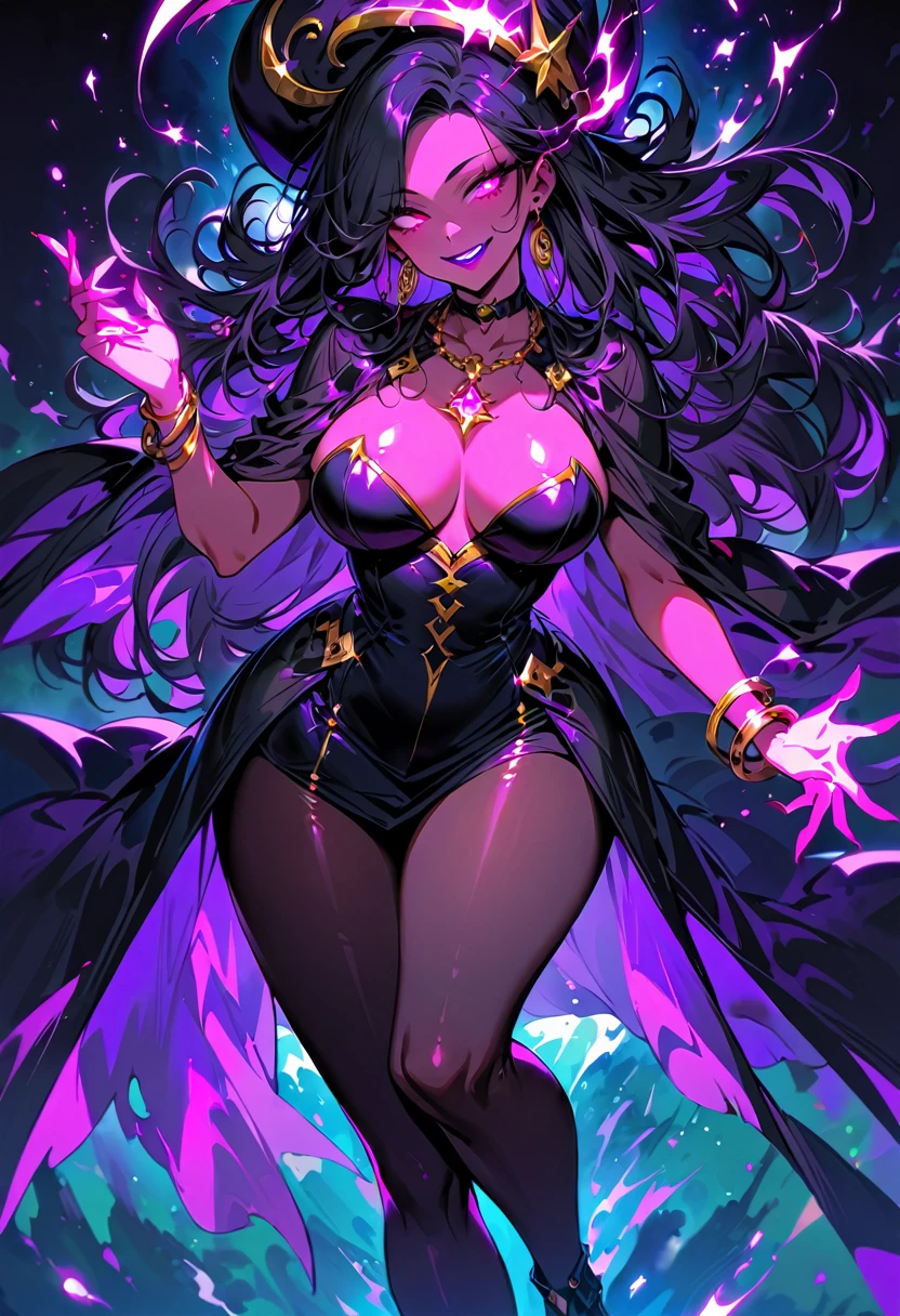 1 mature beautiful woman,(Highest quality,Extremely detailed depiction,Incredibly absurd high resolution,Anatomically accurate depiction,Curvy Legs),(Glowing Skin,Shiny skin),(Bewitching witch),(Sexy witch costume,Black Pantyhose,Luxury accessories,Earrings,necklace,Bracelet),eyelash,(Pink Eyes,Half-closed eyes:1.3,Crazy Eyes,There is cleavage in the chest,Wicked Smile,Glossy lipstick,Flashy makeup,eye shadow,eyeliner,mascara,Seductive gestures),whole body