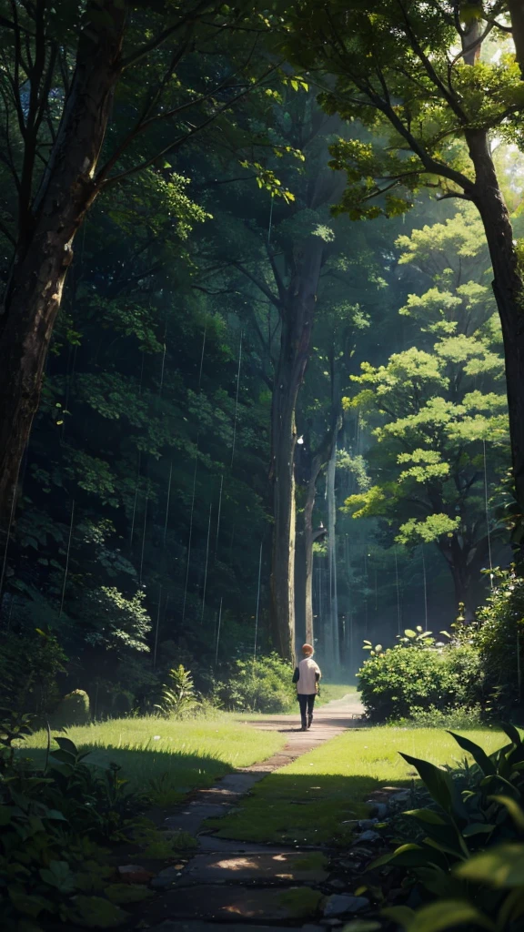 raining in a forest with no character, just nature