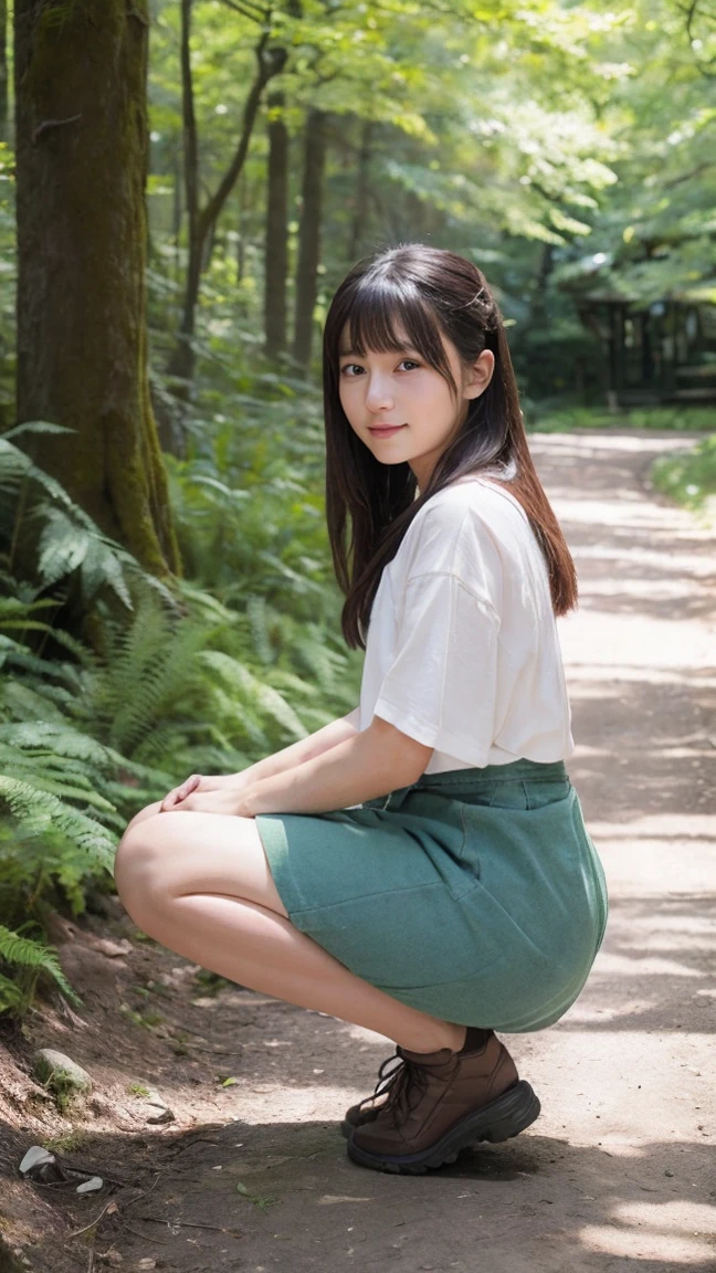 There is a woman kneeling on the forest path, portrait of a Japanese , of a youthful Japanese girl, young asian girl, wearing Japanese , Japanese girl , beautiful girl, Sit on the ground, portrait of a Japanese girl, Sitting in the forest, Japanese , Strike a Pose, Young Asian Woman