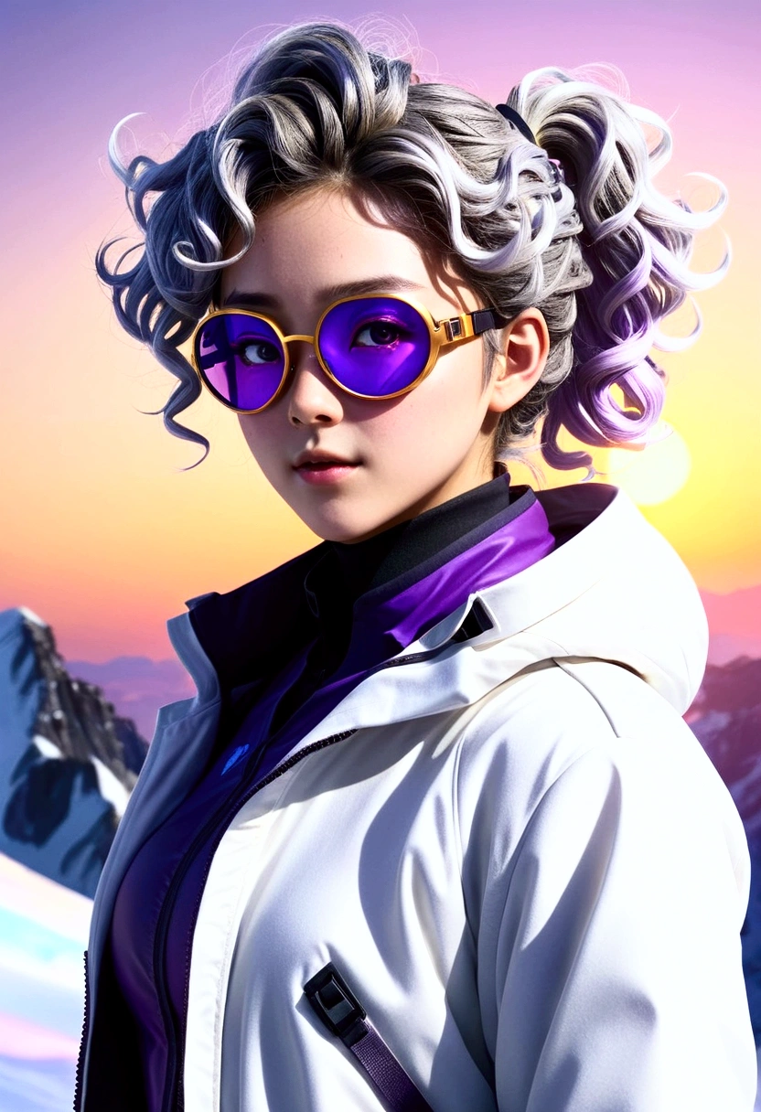 masterpiece, best picture quality, extreme vividness, Anime girl with curly ponytail,  Character, white functional coat, Blue Purple Gradient Ski Goggles, gray hair, Natural casual style, dynamic posture, golden section, 조리개가 큰 Character 사진, cold tone, Intense visual impact, White space, Light and shadow contrast, Super Textures, Sunset Afterglow, Very clear pictures, simple illustration