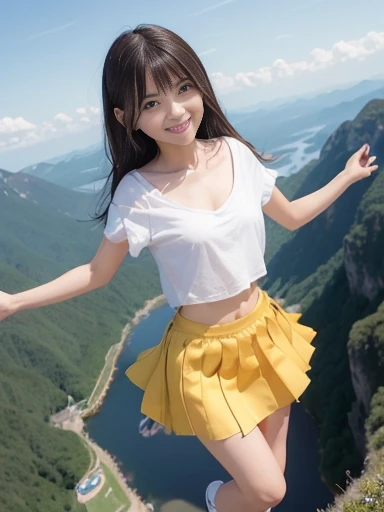 Japanese female, (underweight), (flat chest best quality:1.5), a lot of details, detailed black hair, beautiful detailed hair, super fucking beautiful, delicate beautiful face, complex details beautiful and delicate eyes, perfect hands, perfect and delicate limbs, detailed skin, best quality, ultra-detailed,(cheerful grin:1.5),
sky, (flying:1.3), messy hair, (white t-shirt), (yellow skirt), (flying in the sky:1.4), in the sky, in the clouds, with a mountain, full body shot, low angle shot