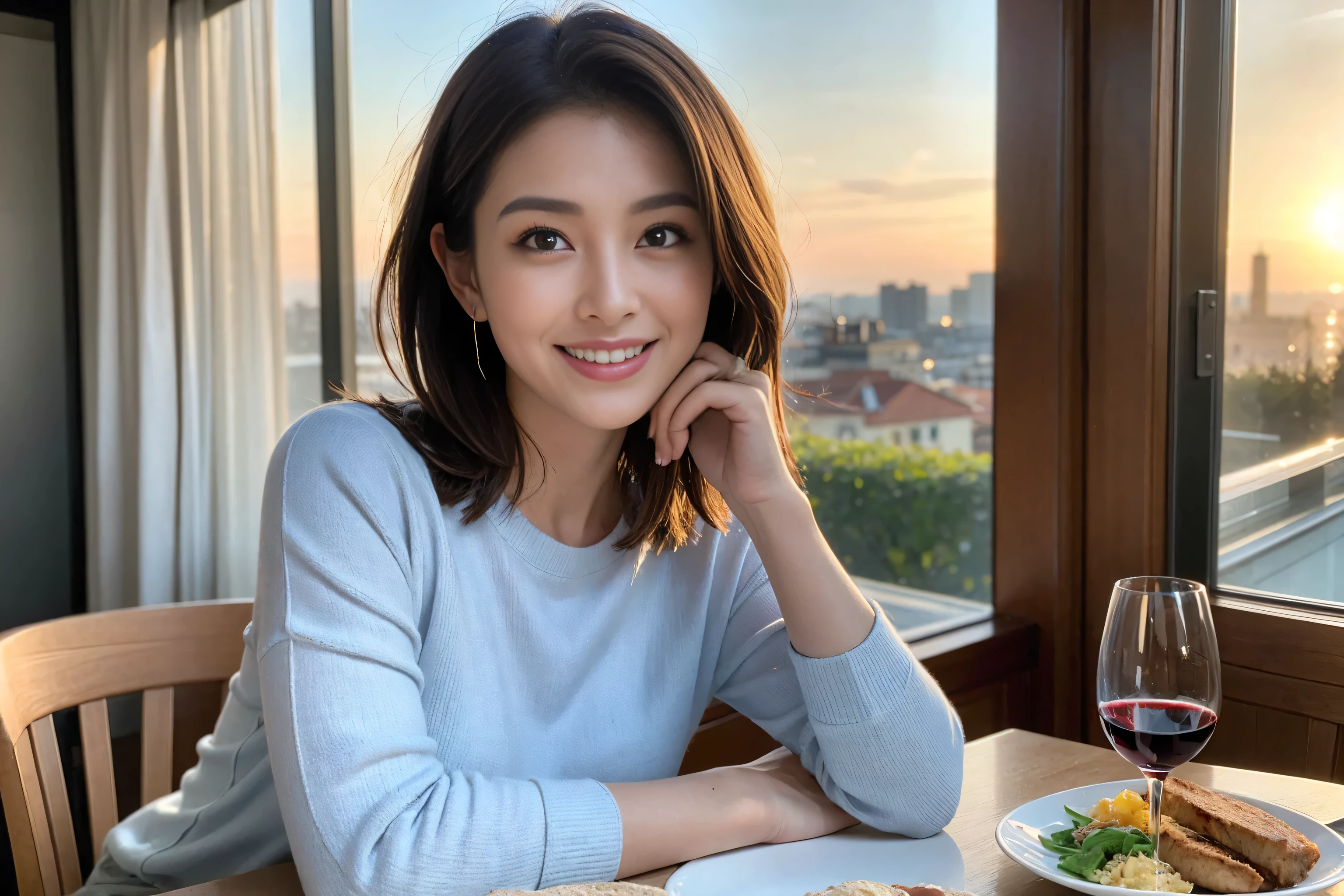（Realistic:1.1）,(masterpiece,Highest quality)，8k,(49 years old), 47 years old, slimカップル、Model Couple、actress/actor、Tight waist,Upper Body,full-course dinner、wine 、Amazing view of the sunset sky and clouds、Perfect Anatomy, Brown Hair, short hair,Random Hairstyles,((Highly detailed face and eyes:1.2))，Perfect golden ratio face，Long sleeve shirt、dress,(smile:1.2)、Shortcuts、cute、(Realistic, Intricate details:1.2), A bright smile、short hair,Bright Face、赤wine 、Appetizers、Italian food、wine bottle、Champagne、スパークリングwine、(slimな顔), (The body is slim), (Brown Hair), (Shortcuts),  Upper Body, 白wine, slim, wineグラス, 
