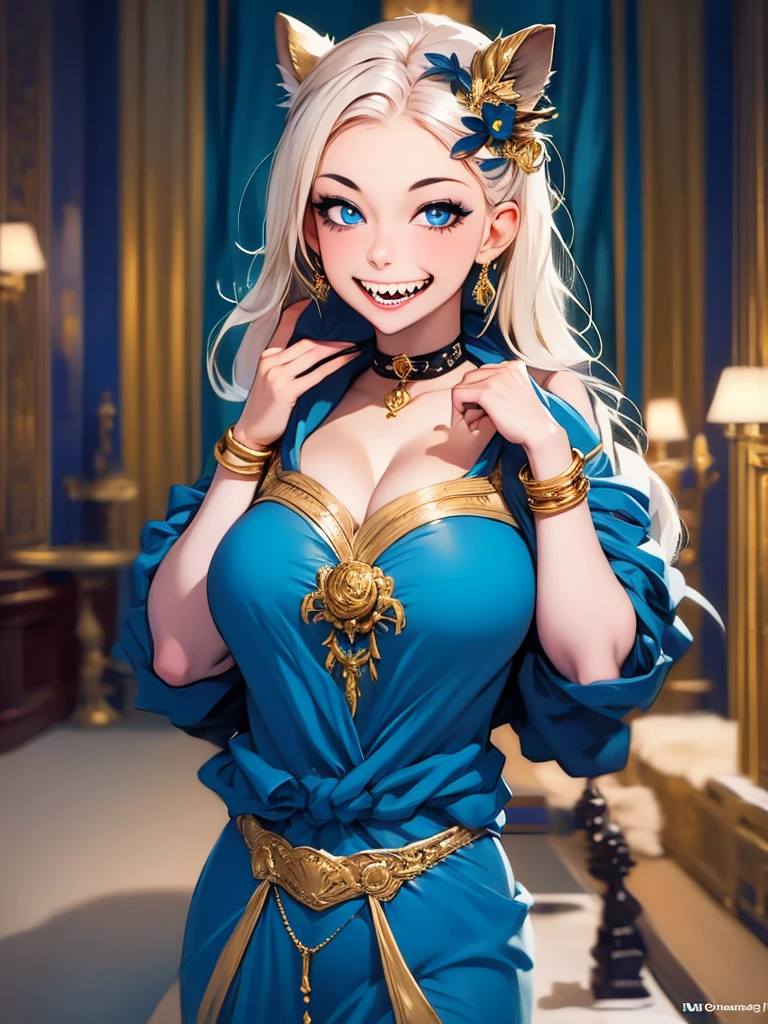 (masterpiece, best quality), intricate details,, 1girl, Gura, multicolored hair, blue eyes, shark hair ornament, gold hair ornament, gold choker, gold bracelet, sharp teeth, grin, blue hoodie,, greek clothes, peplos,