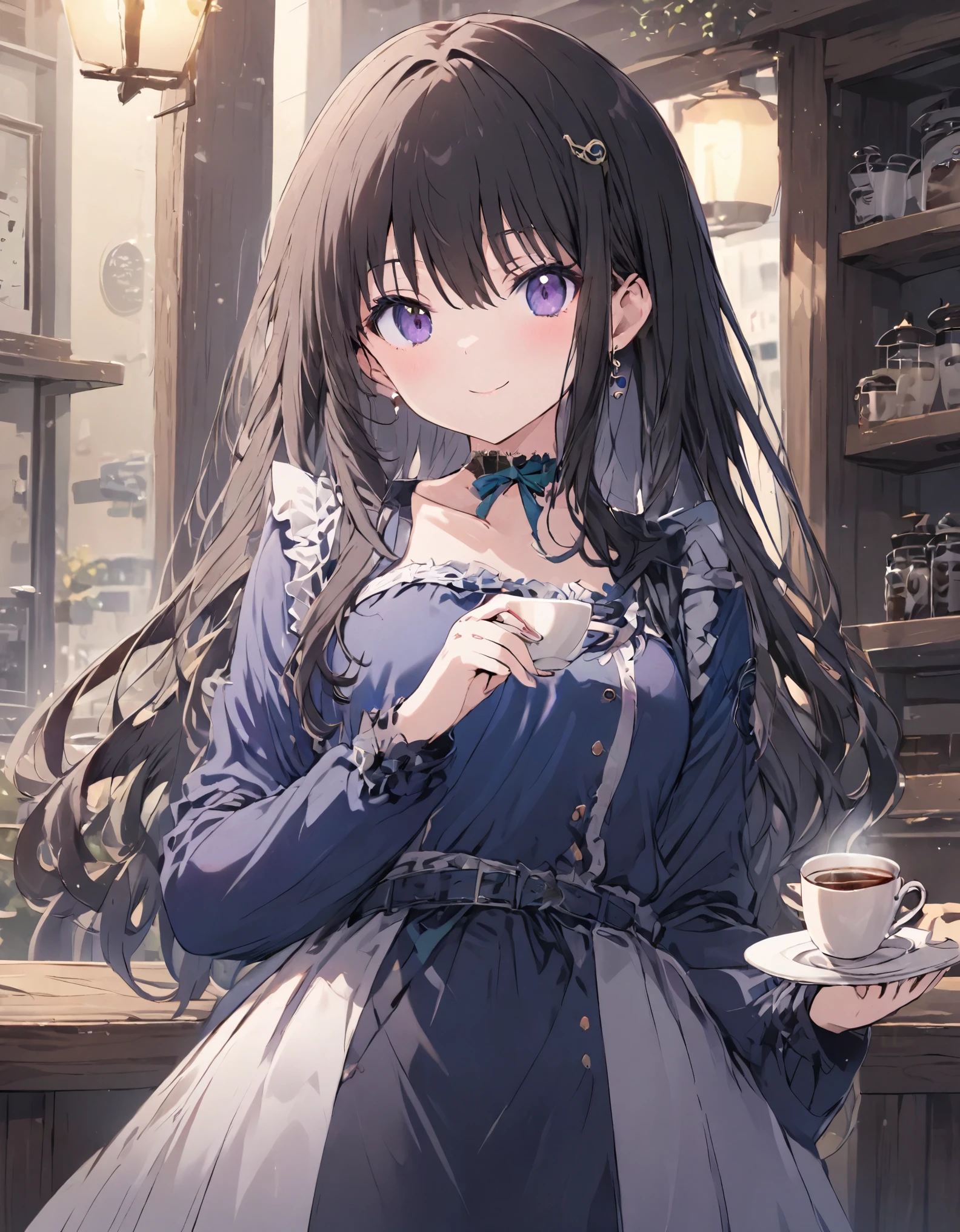 1girl, Takina Inoue, kawaii girl, gothic lolita fashion with delicate lace, (((Blue clothes))), beautiful hair ornament, hair between eyes, smiling, upper body, antique earrings, choker, european style cafe background, she is having a cup of coffee