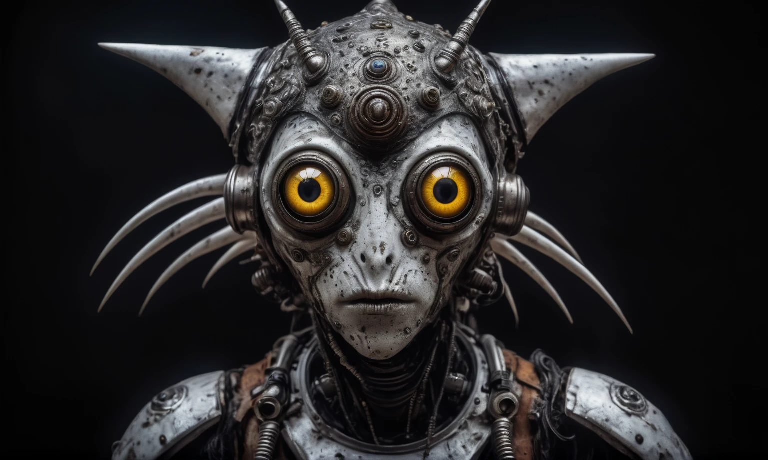 full body length shot,nerd graphite  Alien Entity,native africa slave ,azctec Finnish Lapland,Cinematic,soft colors, Technicolor,natural skin textures, hyper realism, hyper detailed,Extremely detailed,High contrast,Masterpiece,Realistic,Ultra Detailed, intricate details,realistic humid leather,extremely intricate details,Epic Realistic, cinematic style, irina yermolova,high contrast,hdr,extremely detailed, [deep night landscape],masterpiece, intricate details, eyes extremely detailed, high detailed eyes,8k resolution,retina, Nikon Z9,Korea,orc,Egypt, Pisces, transition between two art styles,full body length, Double contact, X-ray, Creative, vivid light, fantasy, Abstract, Surrealism, super detailed, high resolution,insanity national folk wear,skin  almost translucent, gothic elements,Mestichino,Light particles,chaos,starfish's leather,"(The best lighting, dark, dramatic), terror.),(fish eyes, A Modern flat toon Crazy whit a Big ONE a Only Eye Robot USSR , and helmet Style, tongs in hands, Tv head, pinhead, camouflage Yellow White Pink Rusty, Ambient in a meteorite crater super detailed, 