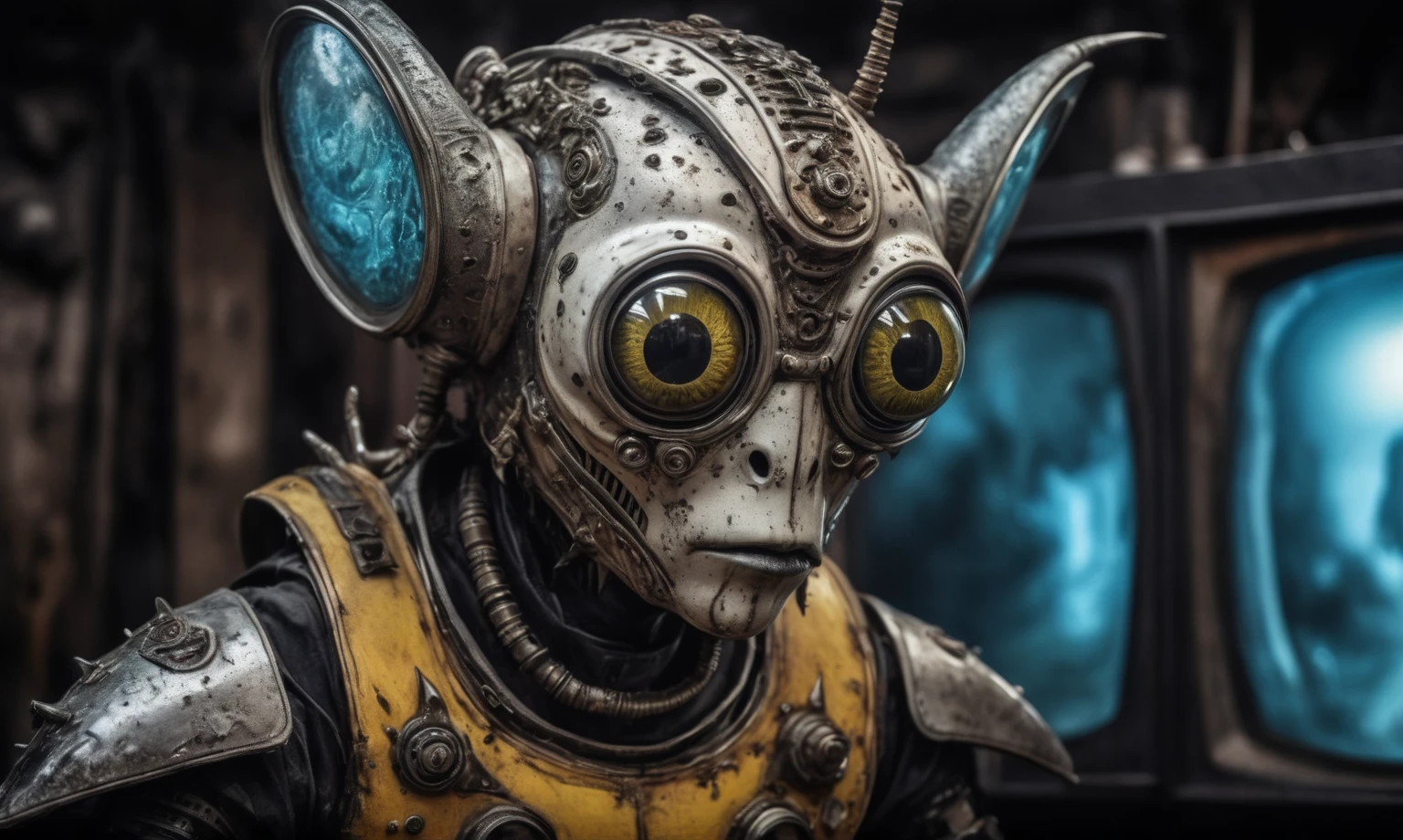 full body length shot,nerd graphite  Alien Entity,native africa slave ,azctec Finnish Lapland,Cinematic,soft colors, Technicolor,natural skin textures, hyper realism, hyper detailed,Extremely detailed,High contrast,Masterpiece,Realistic,Ultra Detailed, intricate details,realistic humid leather,extremely intricate details,Epic Realistic, cinematic style, irina yermolova,high contrast,hdr,extremely detailed, [deep night landscape],masterpiece, intricate details, eyes extremely detailed, high detailed eyes,8k resolution,retina, Nikon Z9,Korea,orc,Egypt, Pisces, transition between two art styles,full body length, Double contact, X-ray, Creative, vivid light, fantasy, Abstract, Surrealism, super detailed, high resolution,insanity national folk wear,skin  almost translucent, gothic elements,Mestichino,Light particles,chaos,starfish's leather,"(The best lighting, dark, dramatic), terror.),(fish eyes, A Modern flat toon Crazy whit a Big ONE a Only Eye Robot USSR , and helmet Style, tongs in hands, Tv head, pinhead, camouflage Yellow White Pink Rusty, Ambient in a meteorite crater super detailed, 