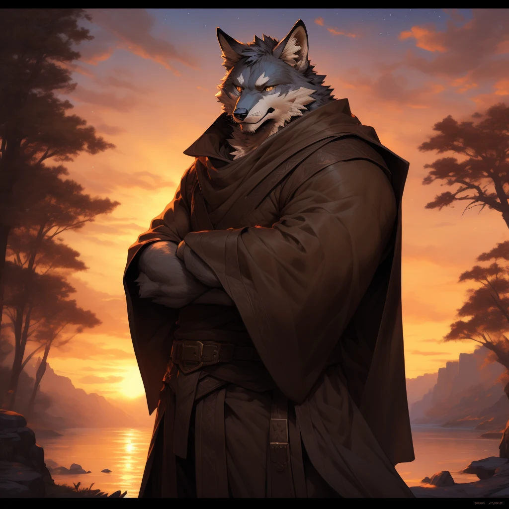 Sunset. fox, In partial shadows, Brown cape. brown robe, 4K, high resolution, best quality, Perfect color, Perfect shadow, Perfect lighting, Posted on e621, Hairy body, fox, Gray fur, Gray skin, Solitary, male, aldult, male, (Strong:1.2), Correct anatomy, (Realistic hair, Fine fur, epic, masterpiece:1.2), (Dark fantasy world background, Trees, Black sky, Sunset, Stars visible in the sky), (author:taran fiddler, By Chuni, author:Traver009, From wfa:1.1), (Brown cloth pants, Bronze buckle belt.:1.2), (Delicate eyes, Golden Eyes:1.2), (Half Body:1.1), Serious face, Strong posture, proudly, Soft shadows, Looking at the audience, Messy fur, rough, robe, Slightly slit tunic.