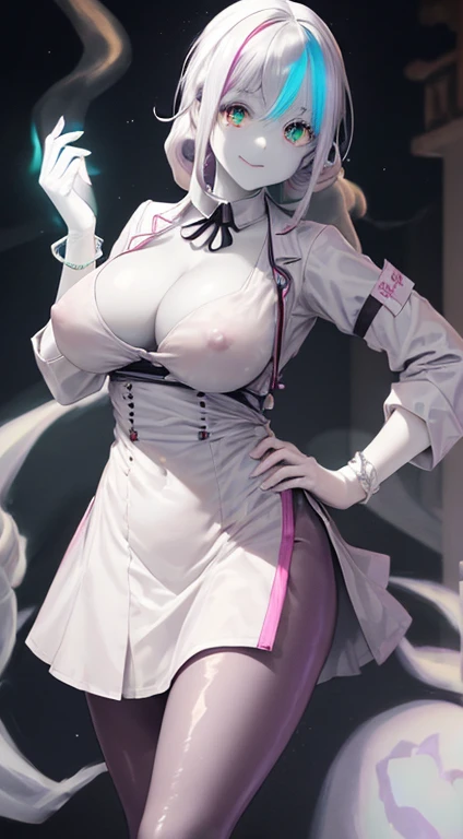 (Ghostly:1.85) {(doctor:1.5)|(Nurse without hat:0.5)} girl, (white doctor coat:1.4), (Spirit, Spiritual:1.2), 1girl, Perfect and well designed sparkling eyes, (Beautiful attention to detail:1.05), (Natural medium sized breasts:0.85), The body is slim, beautifullyて繊細な可愛い顔, (顔のdetailed), ((Realistic Face)), pores, ((淡い灰colorの肌)), detailedな肌, Realistic Skin, (((Bioluminescence))), ((Glowing Skin)), (multicolored gradation skin), (monster girl:1.25), Human face, Medium length hair, Hair is voluminous, (((((multicolored gradation hair))))), 超High resolution, 8k, パラメータ Highest quality, (masterpiece:1.4), (Magic Accessories:1.4), bracelet, 非常にdetailedな厚いタイト ((濃い灰color:0.85), (green:1.2), (pink:0.65)) ({Nylon|Lycra}:1.5) Brilliant (skirt:1.25), (The nipples are erect under the fabric:1.35), (Garment decoration:1.5), (Neckline:1.3), (Cleavage:1.3), Cleavage, 若いgirl, Little Beast, (smile:0.9), (Pale skin:1.65), 超detailed, Realistic, ((The real picture)), (Highest quality:1.4), 超High resolution, (Realistic 2.0), detailedはこちら, (((1girl))), {(Medical Ward:1.2)|(Nurse's cabinet:1.5)|(doctor office:1.2)}, Futuristic, cyber punk, Magical Technology, (beautifully、aesthetic:1.2), (Fractal Art:1.4), (Cinematic Light:1.1), (Close the Dutch angle:1.2), 16K, High resolution, RTTX 10.0, Ray Tracing, Radio City, Anisotropic Filtering, Scattered beneath the surface, (((Magic Light))), Metal Reflection, detailed, Realistic, 4K の非常にdetailedなデジタルアート, (nice_color), extremely detailed CG unity 8k wallpaper, vibrant colors, (Seductive pose:1.4)