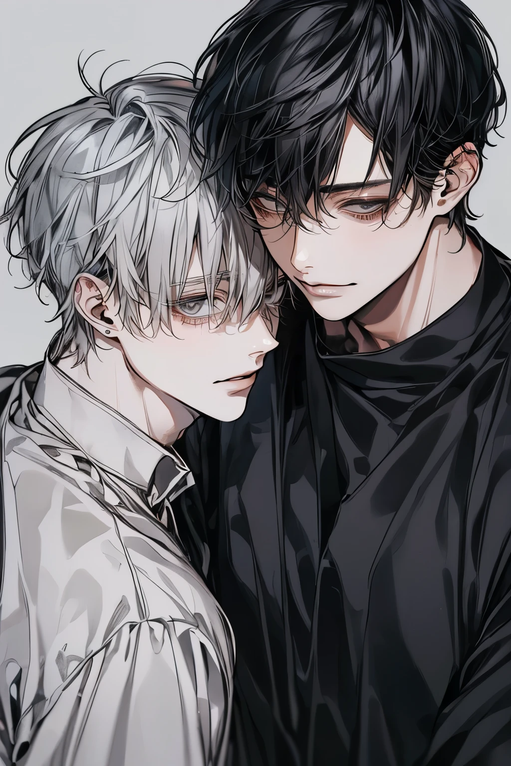 (Mastepiece), (Best Quality), Very detailed, (((Two friendly men:1.5))), Perfect Face, Beautiful Face, Very detailedな顔,(Black-haired man:1.3),(Grey-haired man:1.3),T-Shirts