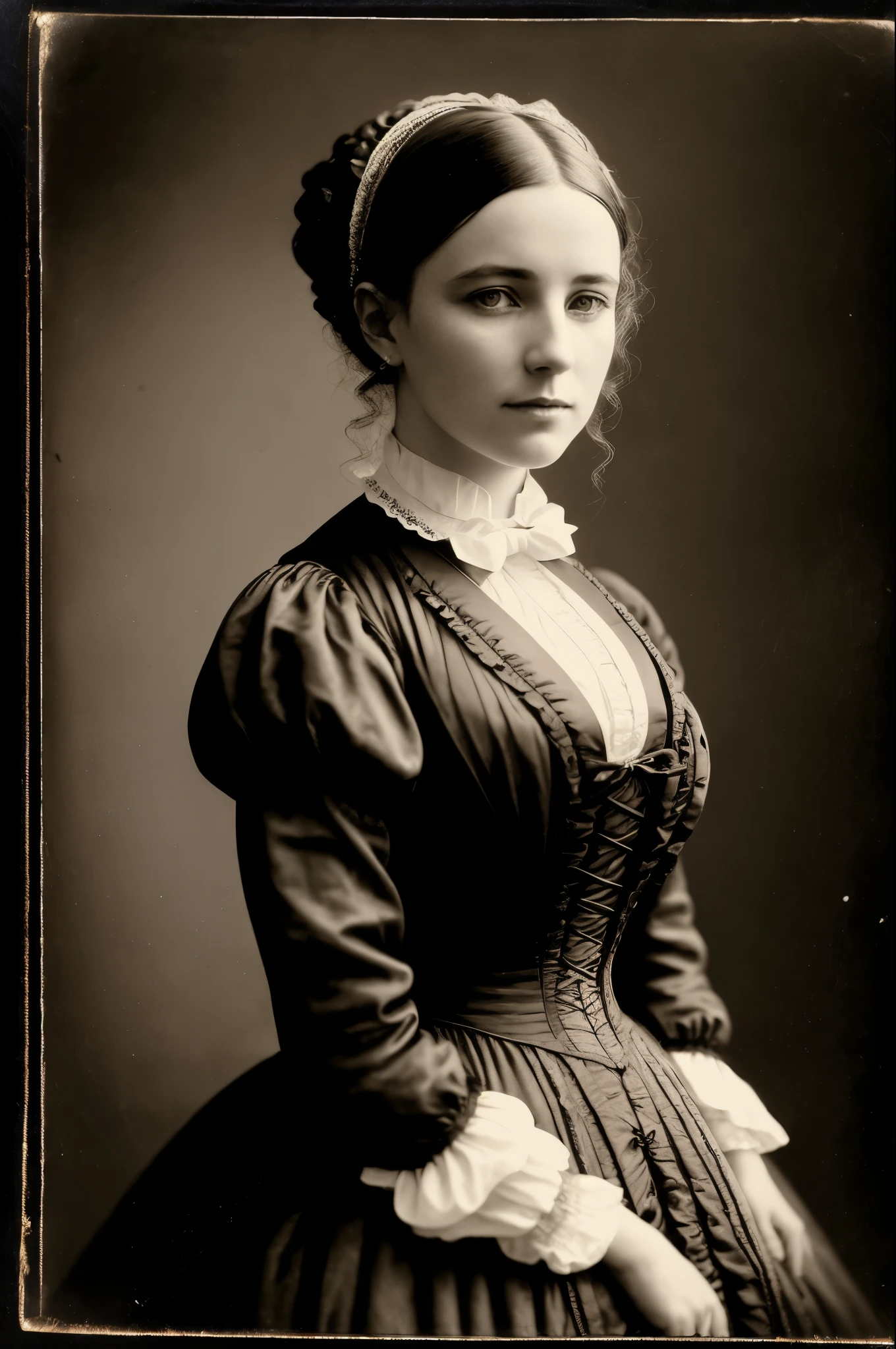 VeronicaCipher studio portrait, Victorian Woman, Wearing a high-collared Victorian gown, race, satin, Jacquard, 1800s, analog, granular, Dust, scratch, Blurred, Daguerreo Type, Gelatin Silver, Collodion_photograph, Sepia (Realistic:1.6) Portraiture
