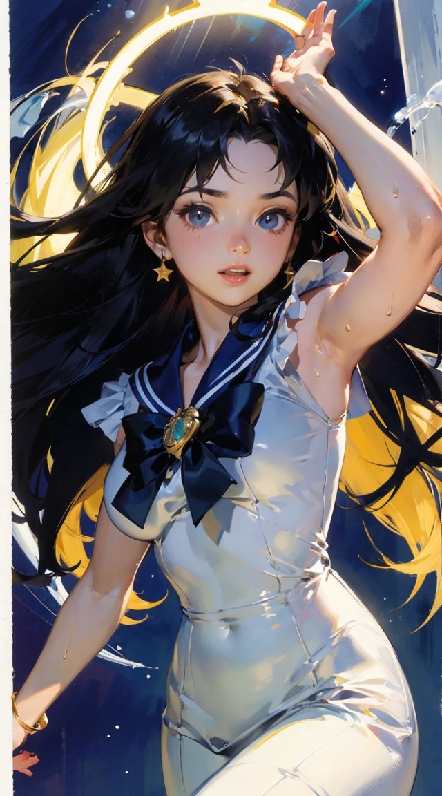 (masterpiece:1.2、best quality、Masterpiece)、1 female、Solitary、classroom、sky、sit、Blonde、Double tail、Red Eyes、(sleeveless sailor suit:1.25)、(dark skin)、Large Breasts、Pantyhose、Corset、Put your hands behind your head，Crazy breast swelling Sailor Moon holding an assault rifle　　((masterpiece)), (best quality), official art, extremely detailed CG, 
1girl, sailor moon, blue eyes, blonde hair, long hair, hair bun, jewelry, sailor senshi uniform, blue sailor collar, red choker, twintails, red bow, blue skirt, holding binoculars, outdoors, forest,  Realistic portrait of the protagonist of the anime Sailor Moon　(Super detailed,ultra high resolution,detailed background),((2D)),((flat color)),((colorful)),((floating colorful water)),1 girl,alone,looking at the viewer,break　girl, sweat, steam, medium breast, shy, detailed hand, shy, light smile, looking at viewer,