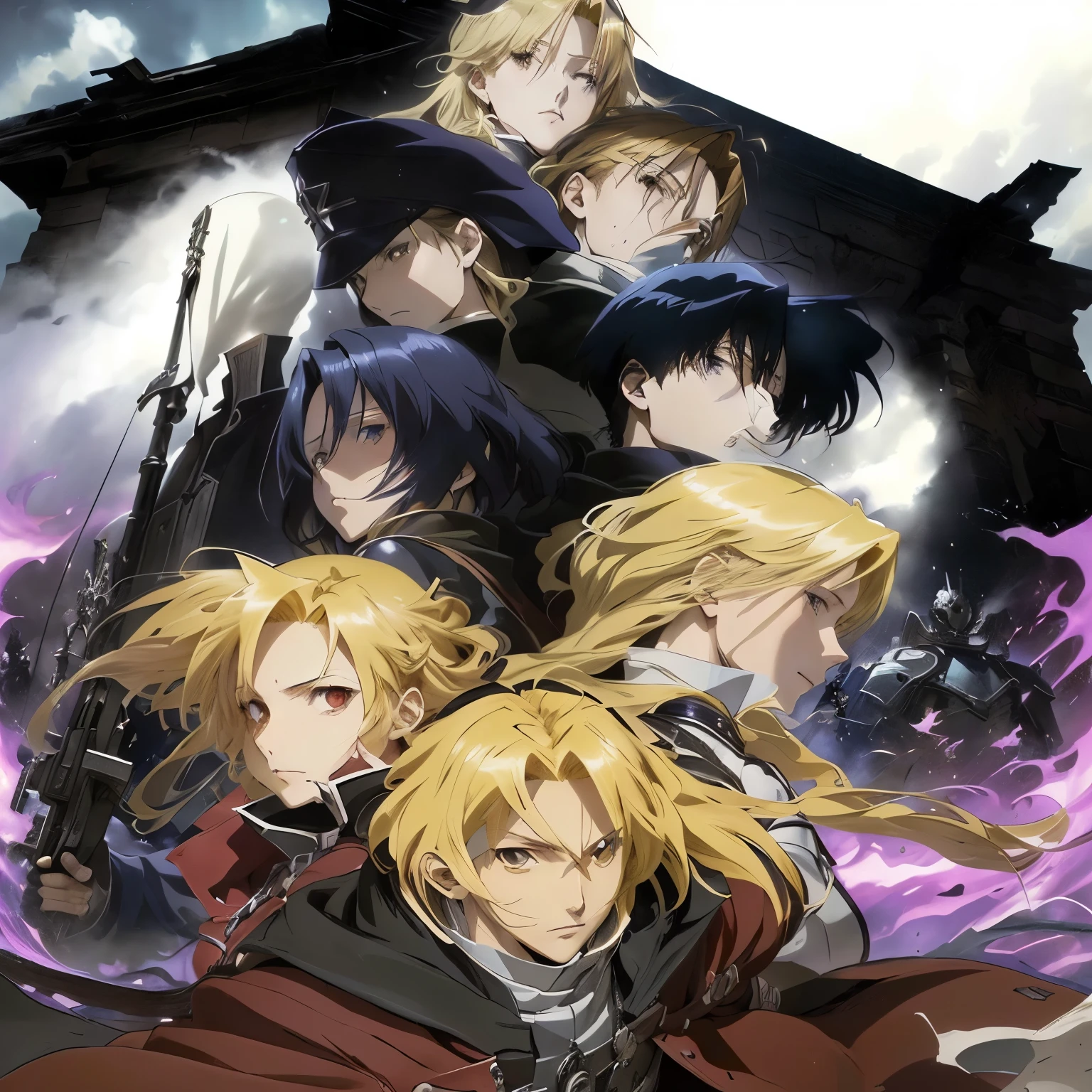 The Seven Deadly Knights of the World, Full Metal Alchemist brotherhood, Full Metal Alchemist, Full Metal Alchemist, in Full Metal Alchemist, Key Art, anime Key Art, anime Key Visual”, Key Visual, anime Key Visual, Promotional Art, 2D CG, anime Key Visual concept, destiny zero, destiny/zero, chiaroscuro anime Key Visual, official anime Key Visual