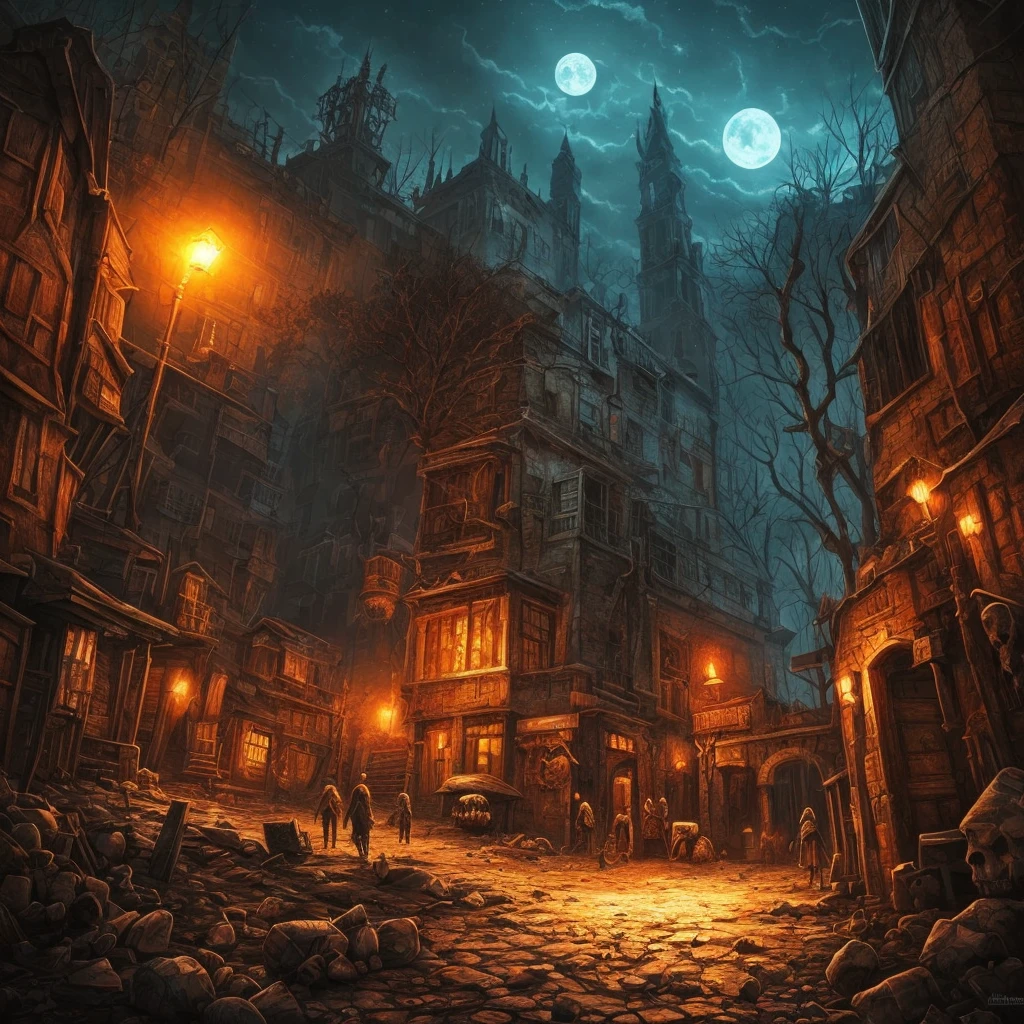 (Night Landscape), Horror, Haunted, Corpses, Skulls, Image Depicting Hell, Necronomicon, Image Style Painting, Realistic, Shadows, HD, High Quality, Cinematic