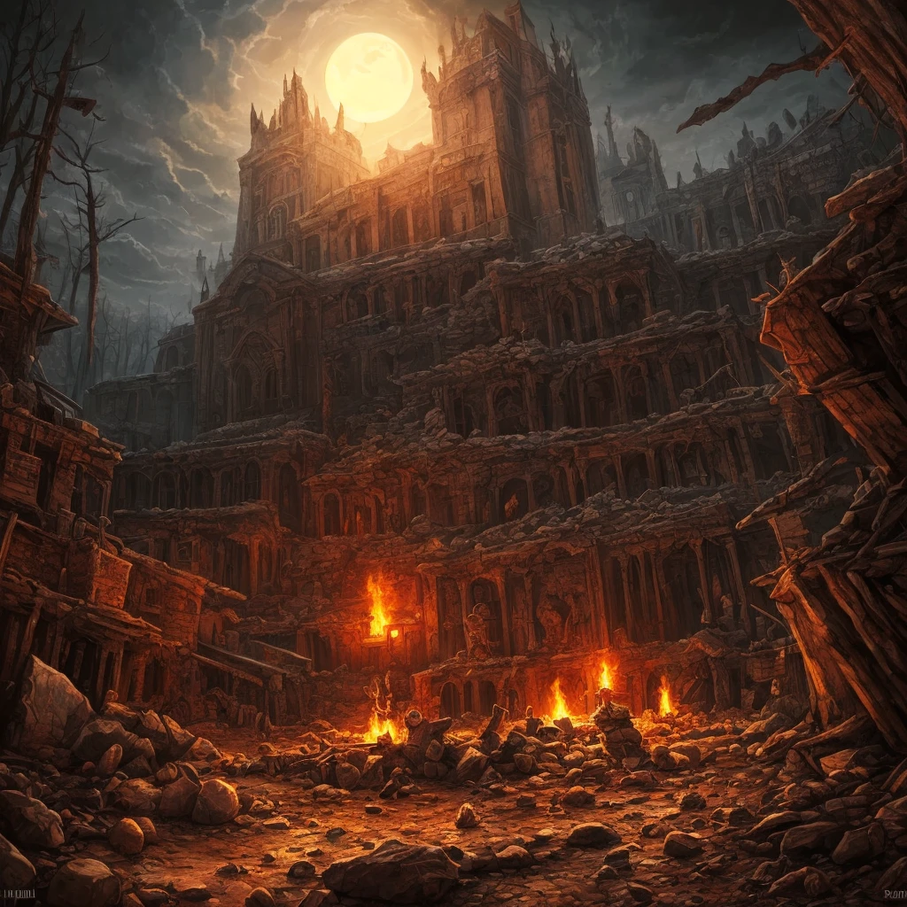 (Night Landscape), Horror, Haunted, Corpses, Skulls, Image Depicting Hell, Necronomicon, Image Style Painting, Realistic, Shadows, HD, High Quality, Cinematic