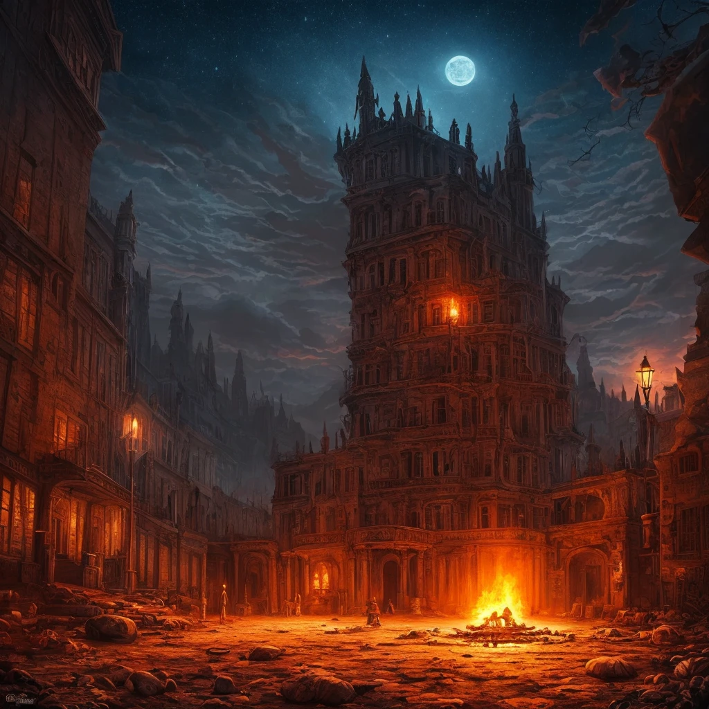 (Night Landscape), Horror, Haunted, Corpses, Skulls, Image Depicting Hell, Necronomicon, Image Style Painting, Realistic, Shadows, HD, High Quality, Cinematic  