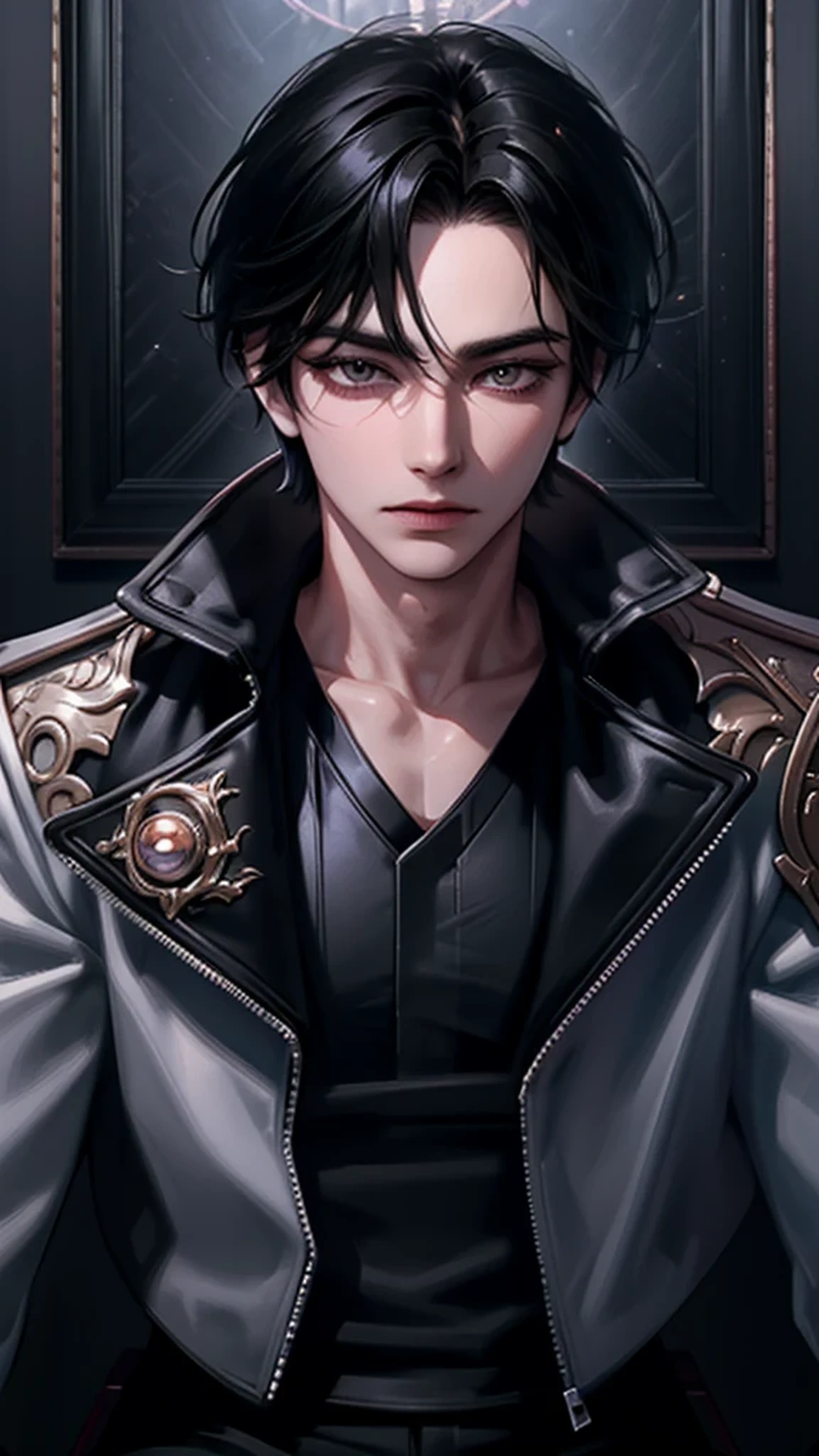 masterpiece, best quality, 1 person, aldult, Male focus, Solitary, Medium black hair, Vibrant dark eyes, Looking at the audience, Shut up, fur, Fantasy Aesthetics, Very detailed, Shadowverse Style, White leather jacket