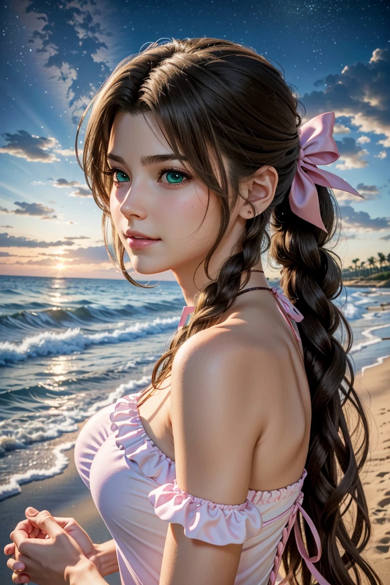 
Aerith,FF7, Long Hair, bangs, Brown Hair, bow, ribbon, jewelry, Green Eyes,  hair ピンクribbon, Braiding, hair bow, Side Lock, choker, necklace, lips, parted bangs, pink bow, Portraiture, Realistic,Super high quality,high quality,masterpiece,Digital SLR,Detailed explanation,Exquisite details,Anatomical basis,Detailed Description,Detailed face,Realistic skin texture,Sharp details,Perfect Anatomy,Perfect Anatomy,Anatomically correct hand,Anatomically correct fingers,Super Detail,Complex 3D rendering,Sexy pose,The beautiful world of Final Fantasy 7,Pink ruffled swimsuit,Wet,Beautiful night sky,A beach with a beautiful starry sky,shooting star,Fantastic beaches,Fantasy worldview,Picturesque,Pink Lips,smile,Brighten up your expression,