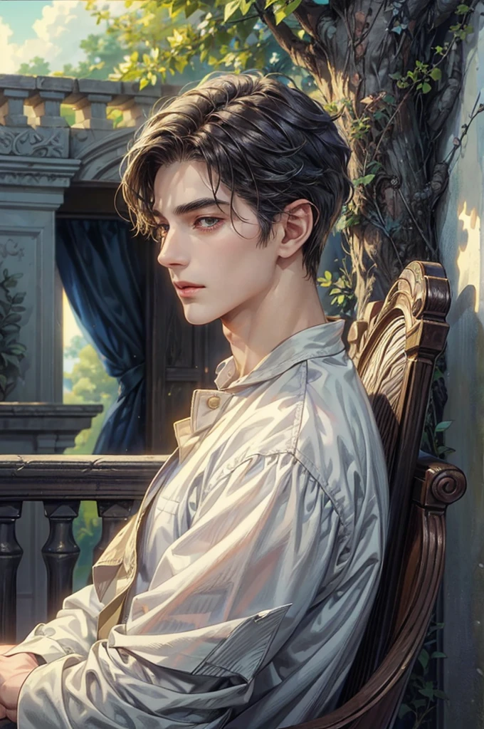 ((Best quality)), ((masterpiece)), (detailed), ((perfect face)), ((halfbody)) a character from grimms fairy tales in male version, handsome boy with an anime eyes in a detailed scene base on the character in their own story