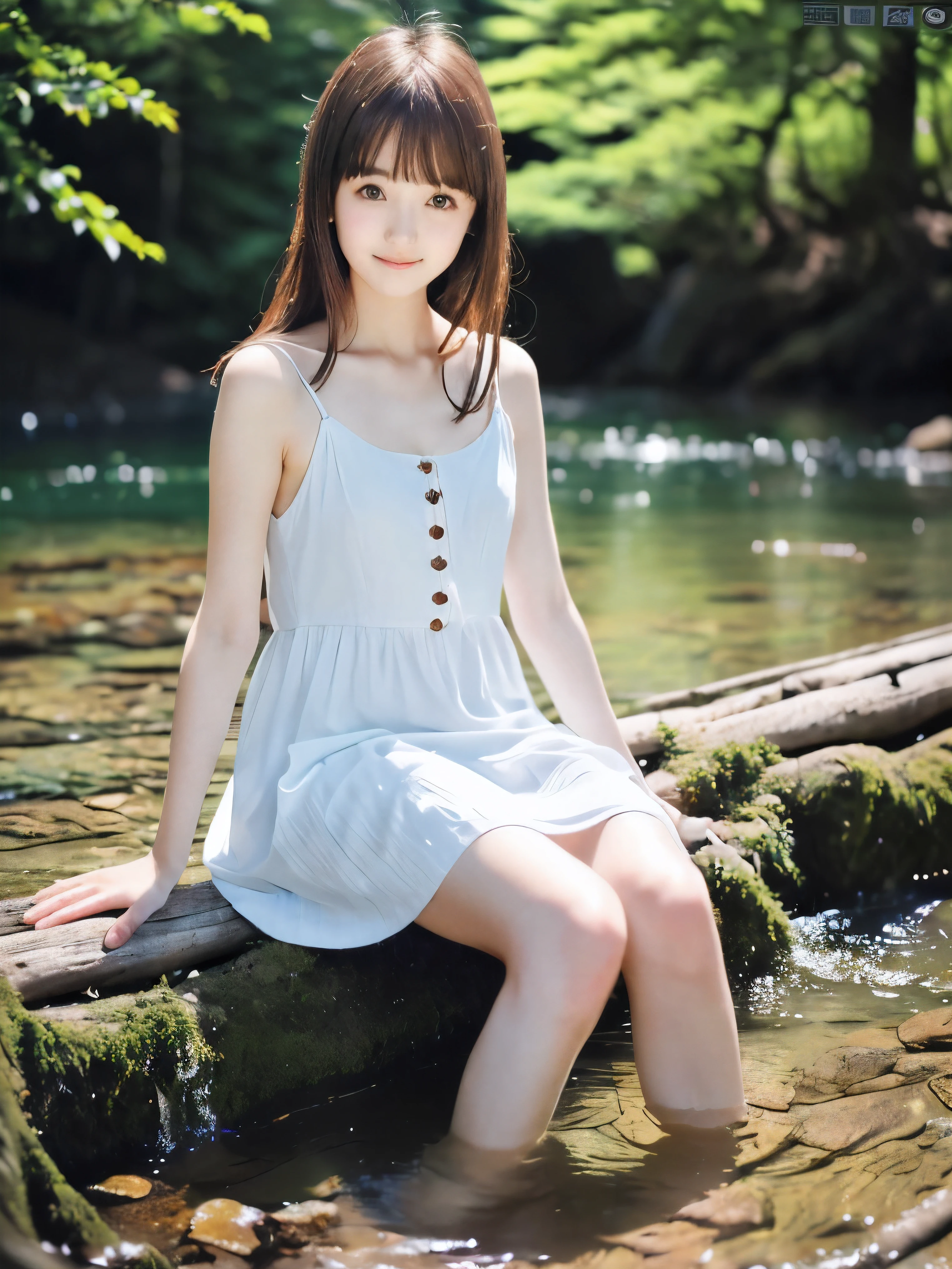 (Portrait of slender small-breasted red brown wavy long hair with dull bangs girl wearing a white summer dress:1.5)、(One girl is sitting with shy smile in the clear stream and water fall at the forest in Japan:1.5)、(Summer beautiful blue sky and forest:1.5)、(blurred background:1.5)、(8k ultra detailed master piece:1.5)、(perfect anatomy:1.5)、(Photorealistic stick:1.5)、(Raw photo:1.3)、(highest quality:1.5)、(High resolution:1.3)、(Delicate and beautiful perfect face:1.3)、(Delicate and beautiful eye air skin:1.3)、(Real Human Skin:1.3)、((thin legs))