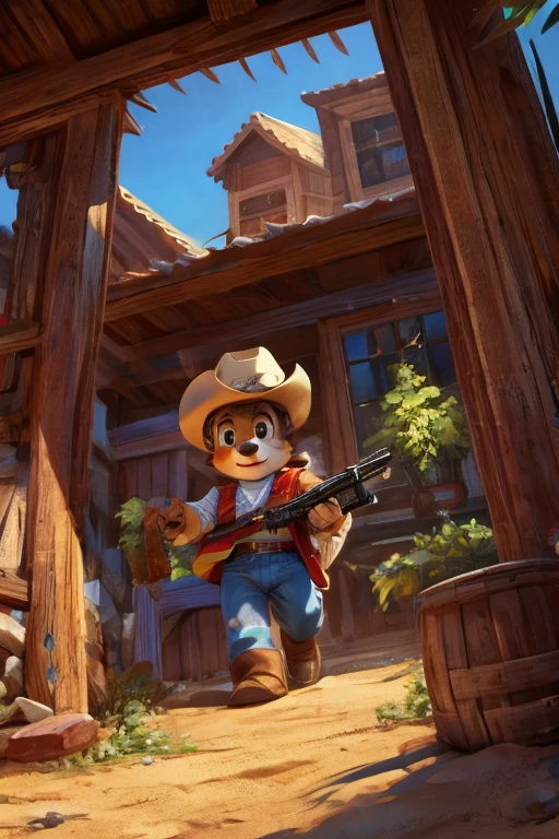 Wide angle shot. A young bear wearing a cowboy outfit uses two guns to hear lizards.