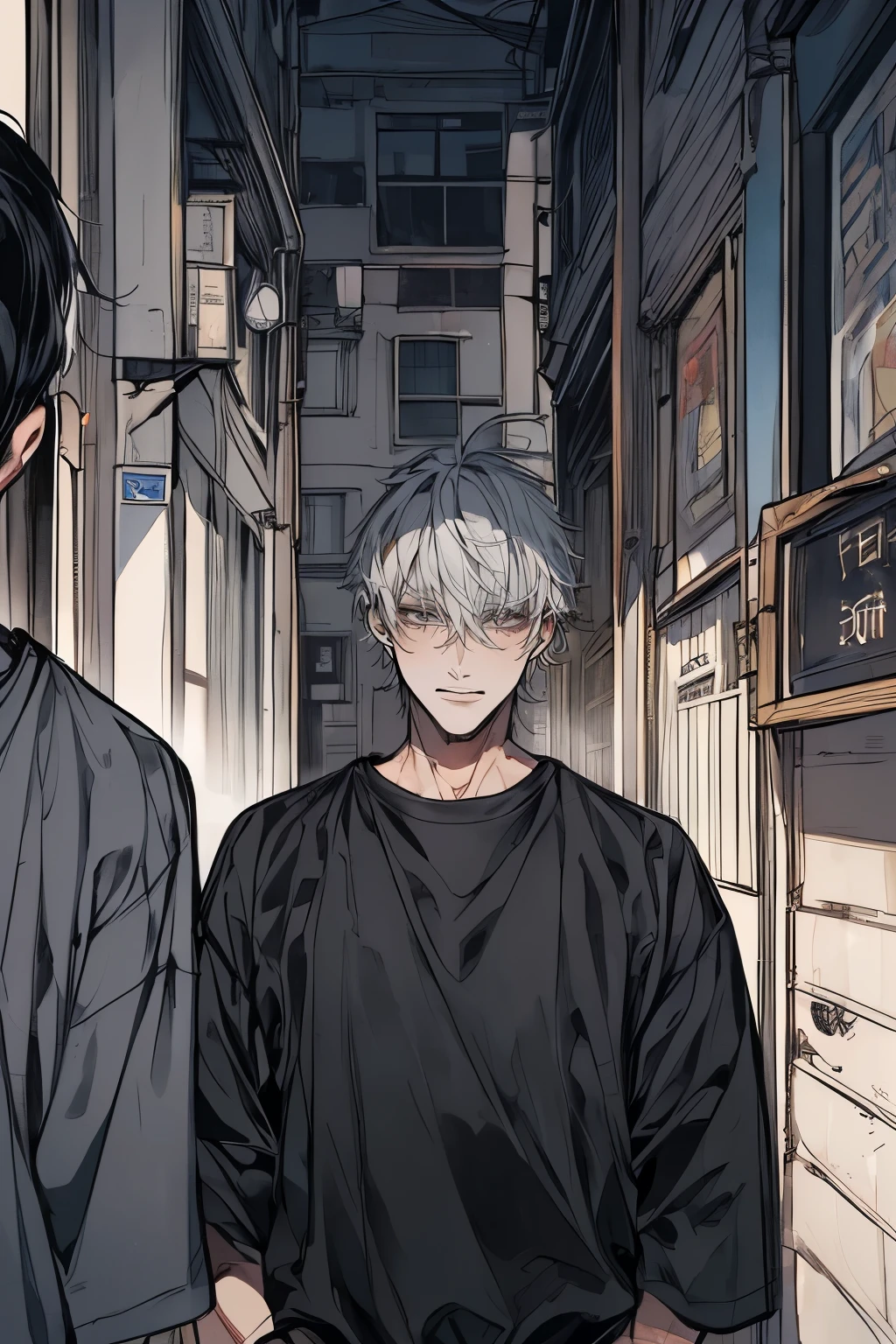 (Mastepiece), (Best Quality), Very detailed, (((Two friendly men:1.5))), Perfect Face, Beautiful Face, Very detailedな顔,(Black-haired man:1.3),(Grey-haired man:1.3),T-Shirts、cigarette、alley