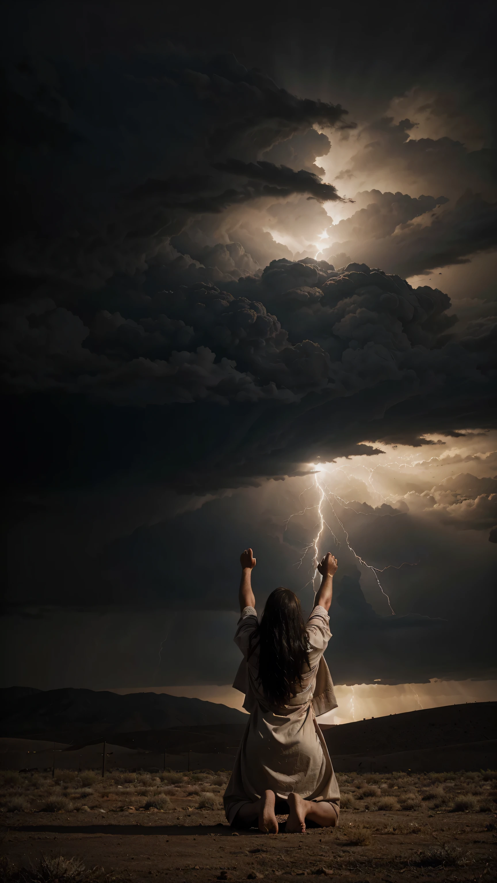 Jesus is kneeling in the desert with his hands raised in prayer. The sky is covered with dark clouds. Full body view,back view,
Hyper-realistic photography, gentle soft dark lightning, real photo,Cinematic style,realistic environment,low contrast, 32k resolution , highly detailed, realistic dress.