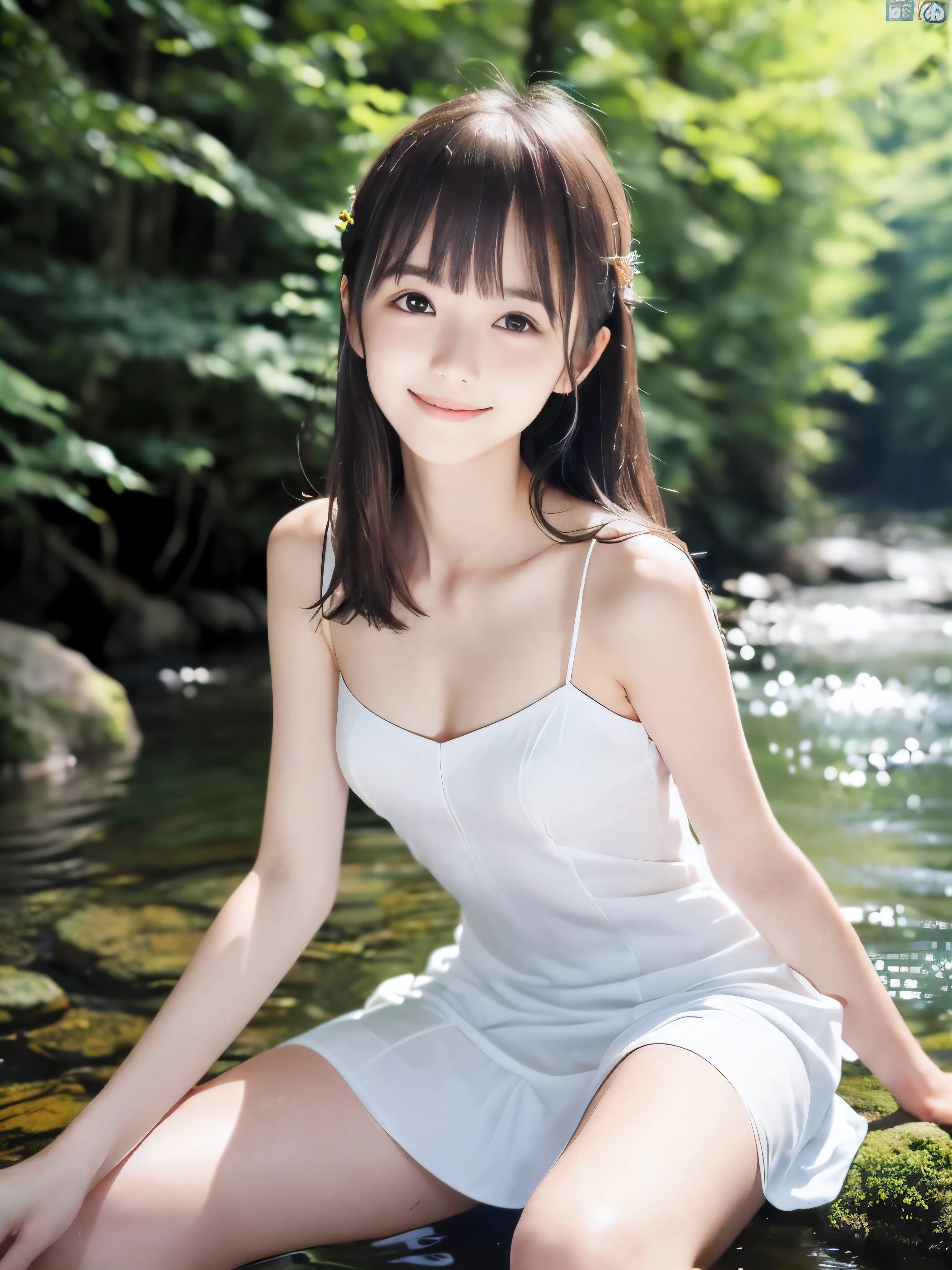 (Face shot of slender small-breasted half up brown long hair with bangs girl wearing a white summer dress:1.5)、(One girl is sitting with small smile in the clear stream and water fall at the forest in Japan:1.5)、(Summer beautiful blue sky and forest:1.5)、(blurred background:1.5)、(8k ultra detailed master piece:1.5)、(perfect anatomy:1.5)、(Photorealistic stick:1.5)、(Raw photo:1.3)、(highest quality:1.5)、(High resolution:1.3)、(Delicate and beautiful perfect face:1.3)、(Delicate and beautiful eye air skin:1.3)、(Real Human Skin:1.3)、((thin legs))